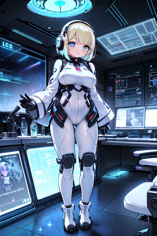 ​masterpiece:1.4, 1girl in ((20yr old, Wearing a futuristic white and silver costume, Tight Fit Bodysuit, long boots, Very gigantic-breasts, Multicolored blonde hair, a short bob, Perfect model body, Blue eyes:1.2, Wearing headphones, Looking out the window of the futuristic sci-fi space station、While admiring the beautiful galaxy:1.2, SFSF control room on night background:1.1, Neon and energetic atmosphere:1.2)) ((Galaxy))