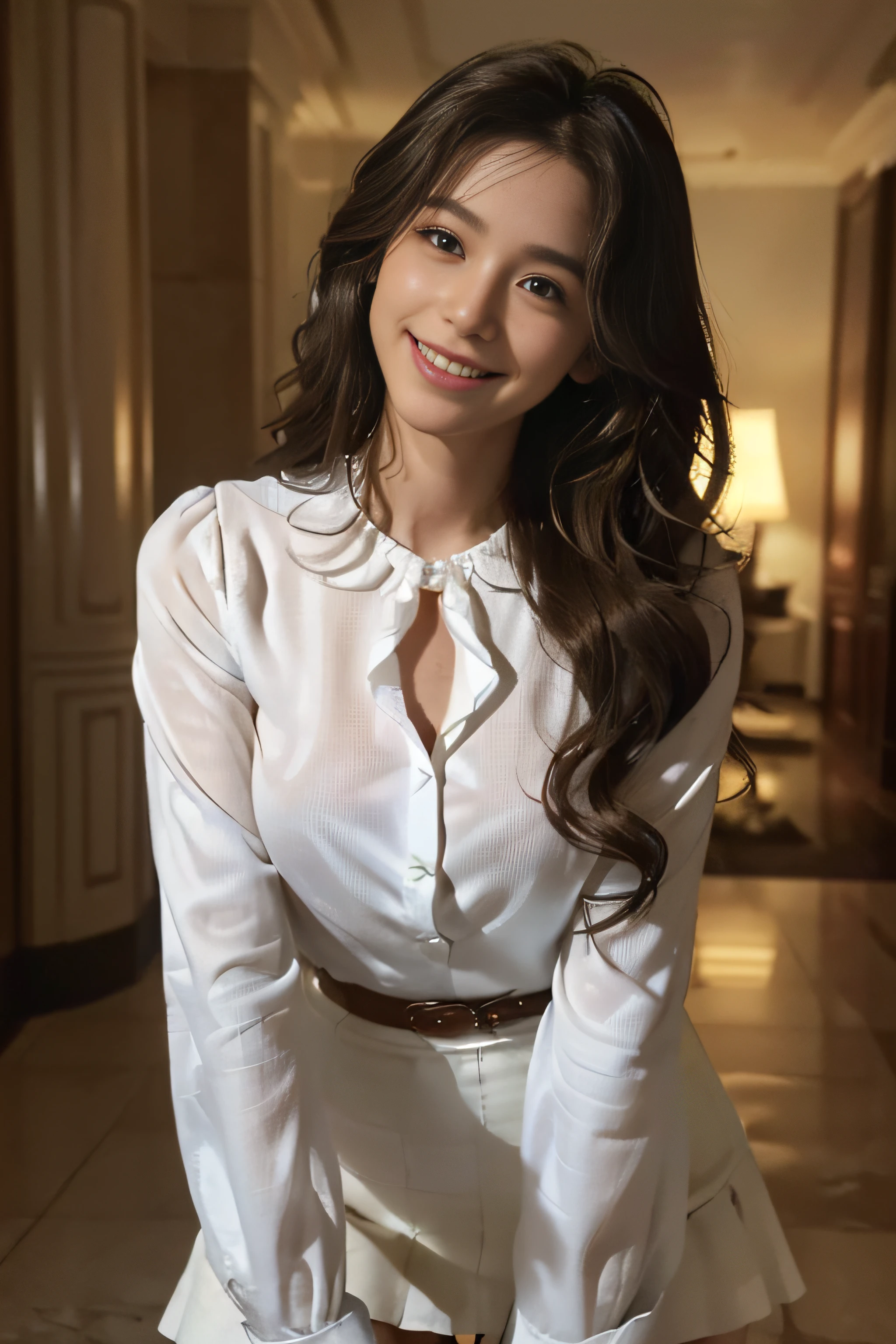 ((beautiful a girl:1.3)) ((White blouse_long-sleeve_frilld:1.4)) ((White miniskirt:1.3)) ((In the hotel lobby:1.3)) ((Thin_fabric:1.4)) ((Waiting for people:1.3)) ((her face is flushed、hair is loosely curled.:1.2,ikun:1.4)) ((breasts:1.2)) ((close-up:1.2)) Best Quality,masutepiece,超A high resolution,(Photorealistic:1.4),Raw photo,(Authentic skin texture:1.3),(Film grain:1.3),the panorama,Character Portrait,Very Wide Shot,Narrow waist,Cowboy Shot,(In the Dark, deepshadow, lowkey, cold light,) Night,((Loosely wavy hair:1.2)),Streaming Tears,,Dust,Tindall Effect,(expression),1girl in,beautiful detailed eyes and face,White Jabot,Brown eyes,((brown super long hair:1.2)) ((Full body:1.3)) ((Smile:1.3))