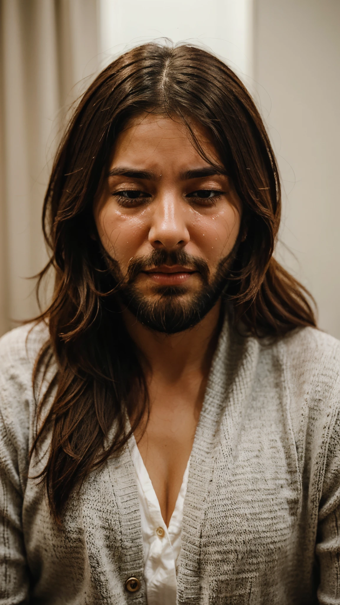 Woman crying with a big beard