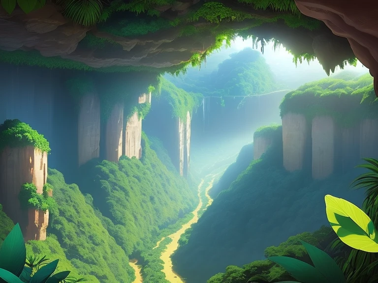 Create a 5-second animation of pov through a valley in jungle, surrounded by life and tropical plants. Incorporate echoes of the bird's wings against the rock walls, adding a touch of grandeur to the journey ghibli animation style