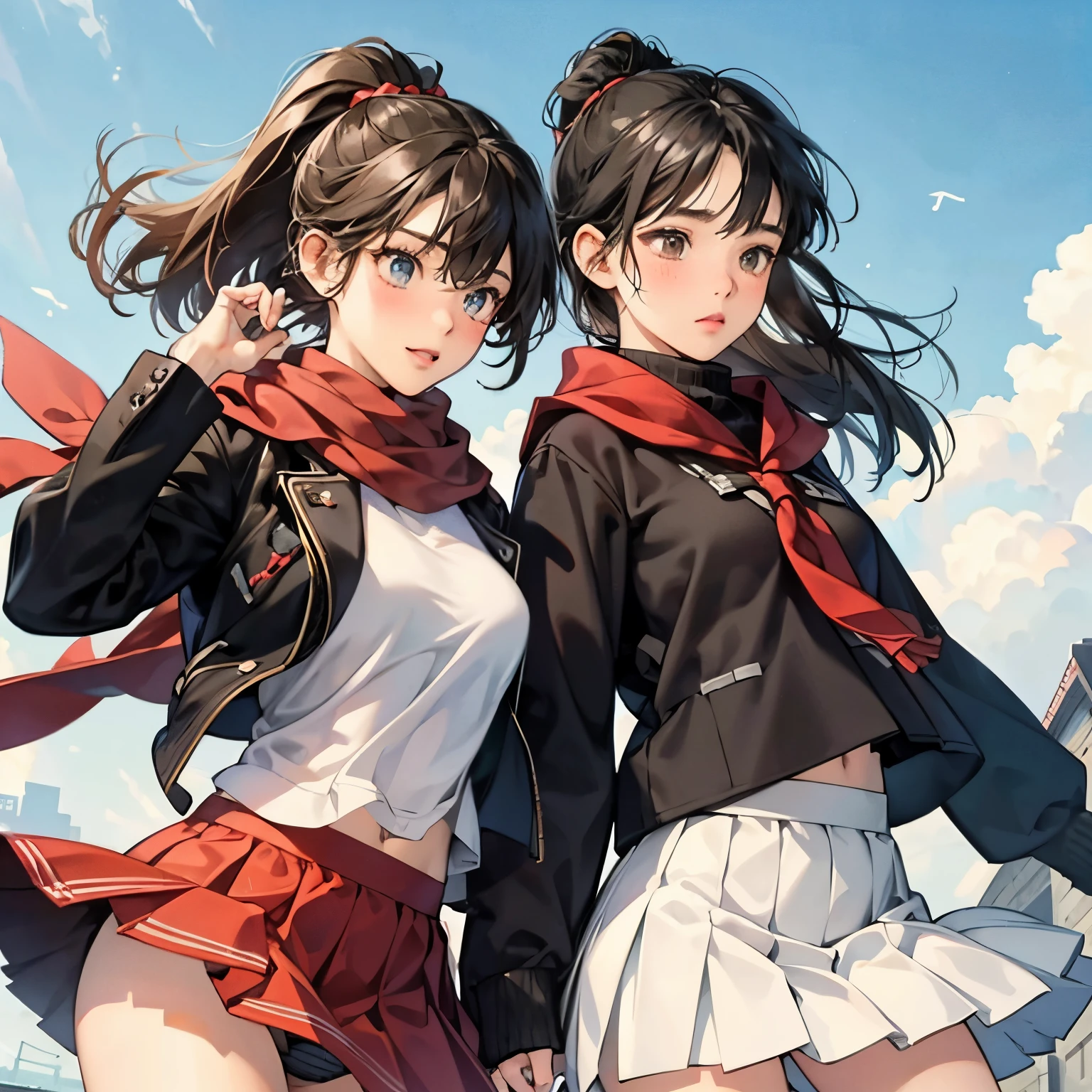 Two very cute sisters are embarrassed because their skirts are flying up in the wind。。.,a junior high school student,Slender younger sister with black hair and ponytail.,my sister has short brown hair and big breasts..,red blush,Winter clothes,The wind flutters my soft skirt、I can see a glimpse of the pants,Striped cotton panties,tre anatomically correct,Precise fingers,photorealisim,masterpiece,heavy wind,