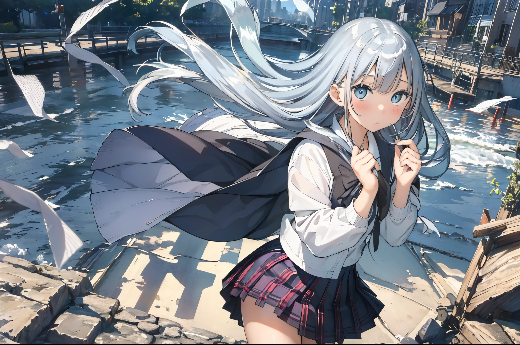 (8K、Raw photography、top-quality、​masterpiece:1.2)、Illustration Touch、ultra-detailliert、super A high resolution、high  girl,silver hair、azure eyes、In the street、High school students、school uniform、plaid skirts、((Skirts that turn over in strong winds))、(white panties)