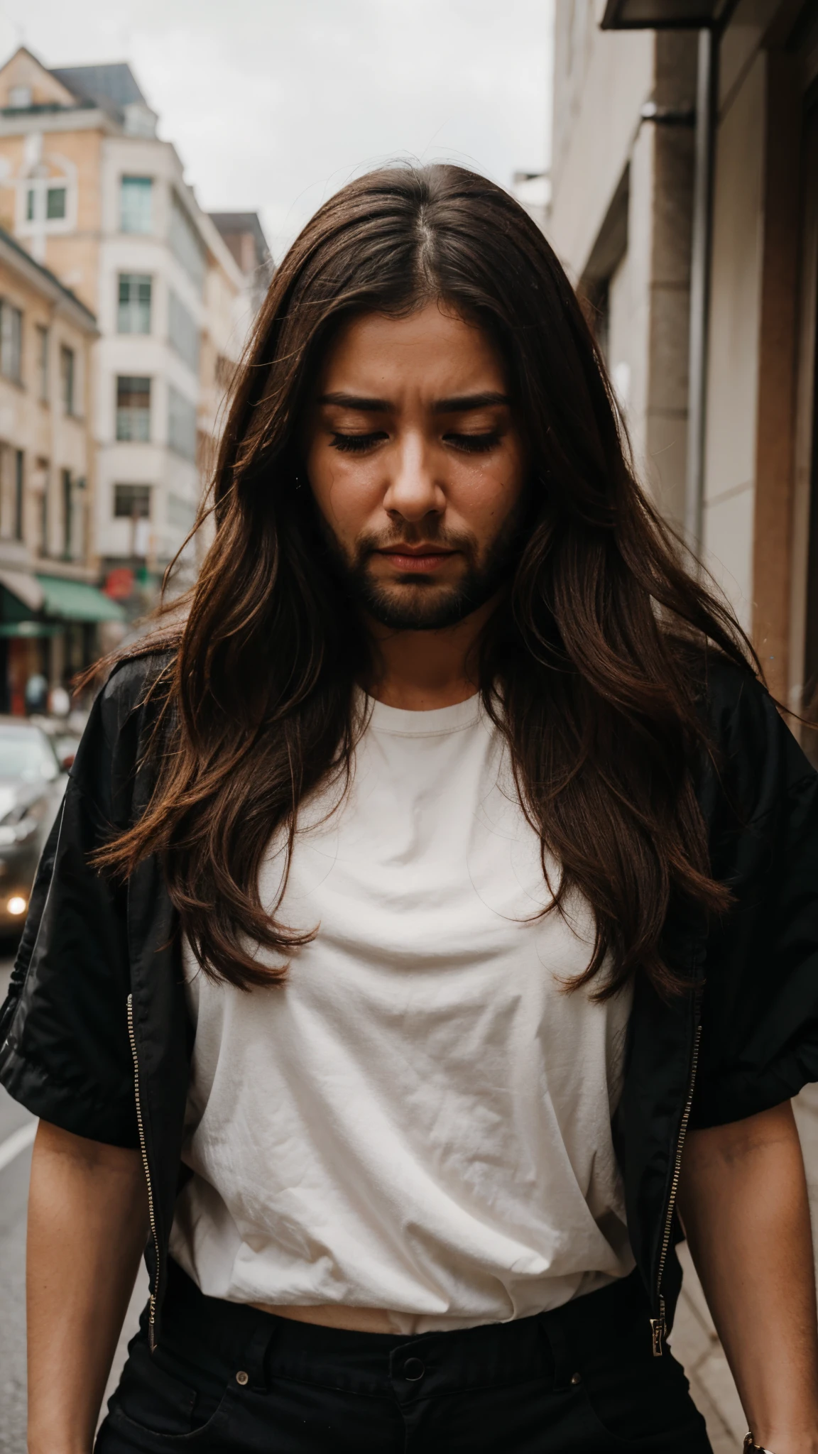 Woman crying with a big beard