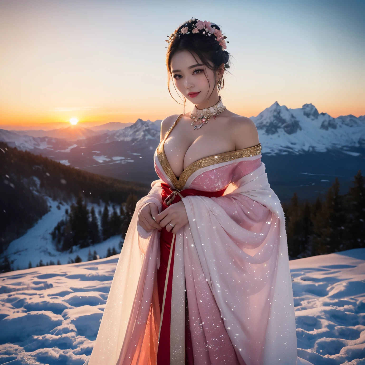 ((masutepiece、top-quality、Top image quality、in 8K、Award-Winning Works))、One Goddess、(The most luxurious and extravagant goddess huge costume:1.3)、(Goddess'Sparkling pink highest quality costume:1.3)、(The most gorgeous pink and red furisode:1.3)、(Upper body photo:1.3)、accurate anatomy、the best smile when you look at me、(Expose your breasts:1.2)、(Expose your shoulders:1.1)、(expose beautiful legs:1.1)、(standing elegantly:1.1)、the most intricate and luxurious decoration、(Large amount of jewelry decoration:1.1)、(tome'It's snowing heavily:1.2)、Fantastic snow、The most complex and detailed background、(With vast snowy mountains in the background:1.2)、(Vast views from the top of the snowy mountain:1.2)、Fantastic snowscape、(A fantastic and vivid sunset:1.4)、(spectacular movie lighting:1.1)、(You can see a beautiful lake in the distance:1.1)、(Perfect makeup、long eyelashes、Pink eyeshadows)、(accurate anatomy:1.2)