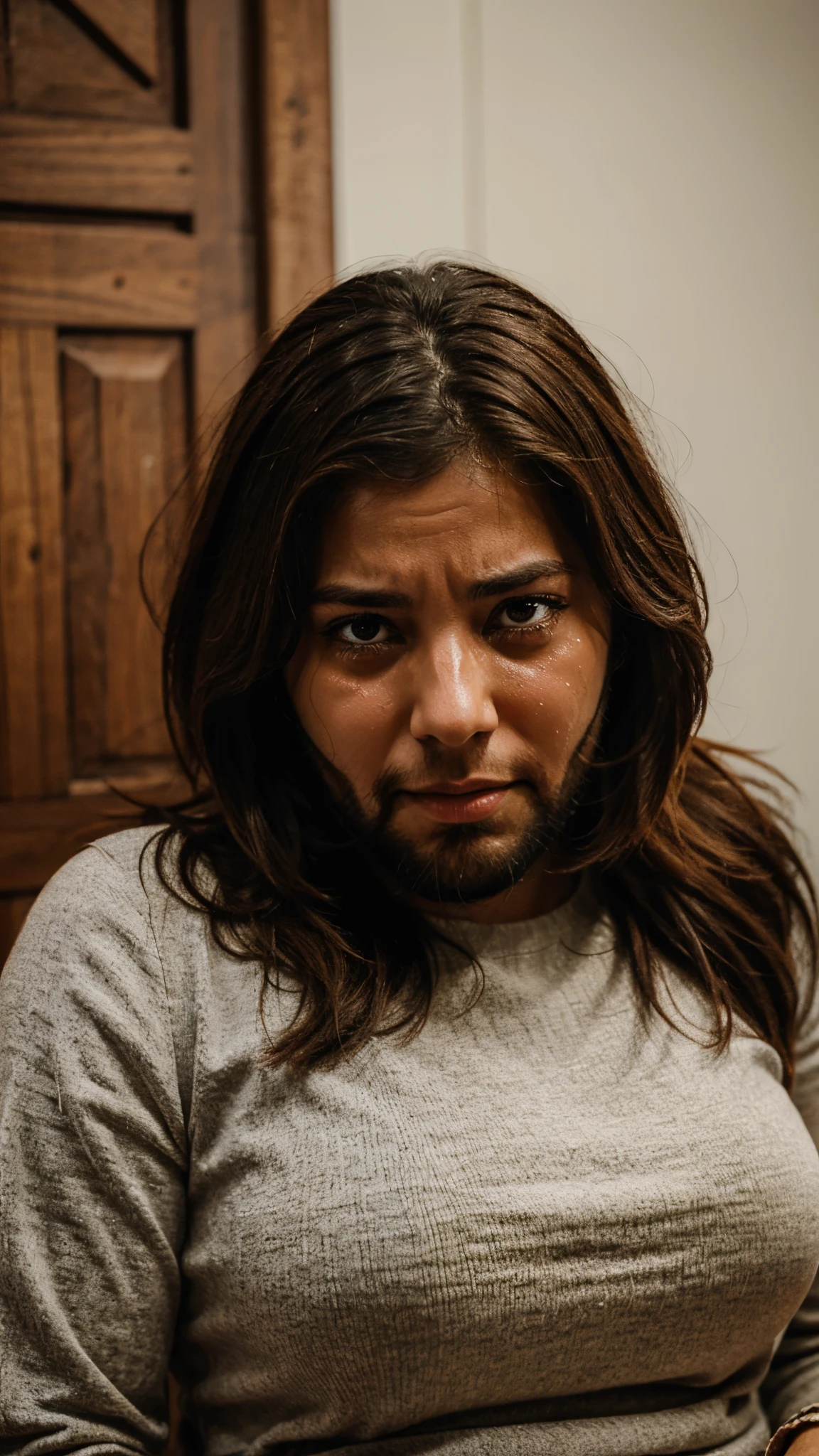 Woman crying with a big beard