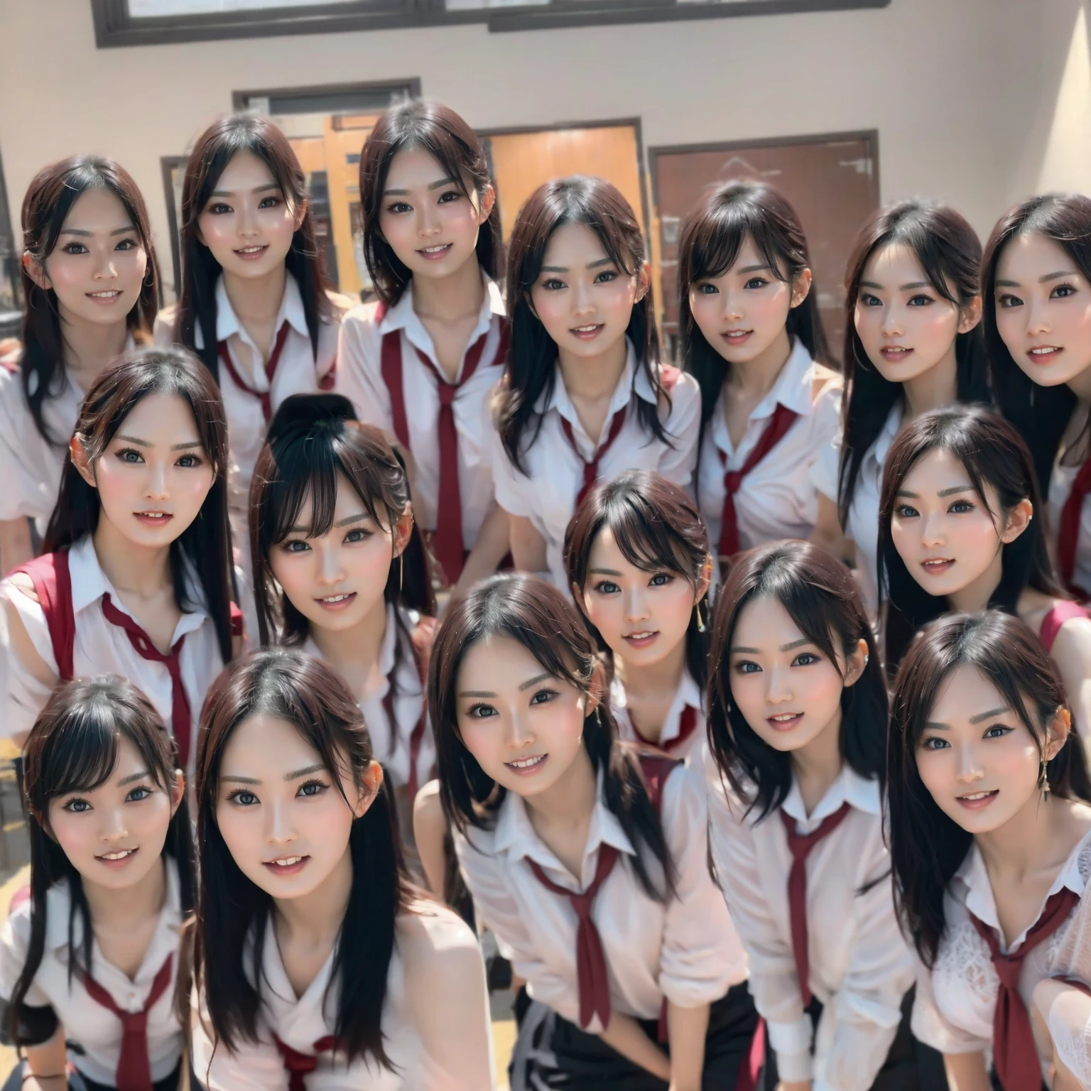 Raw photo、(((multiple girls))),((((6+girls)))),((((100girls)))),(((1000girls)))、((((100 Girls))))、((((Gigantic Breasts))))、Women only、The same face、matching school uniform、12 years old、Long black hair、100 cute girls going to school、a smile、Commuting to school、School route、(((Large group)))、a junior high school student