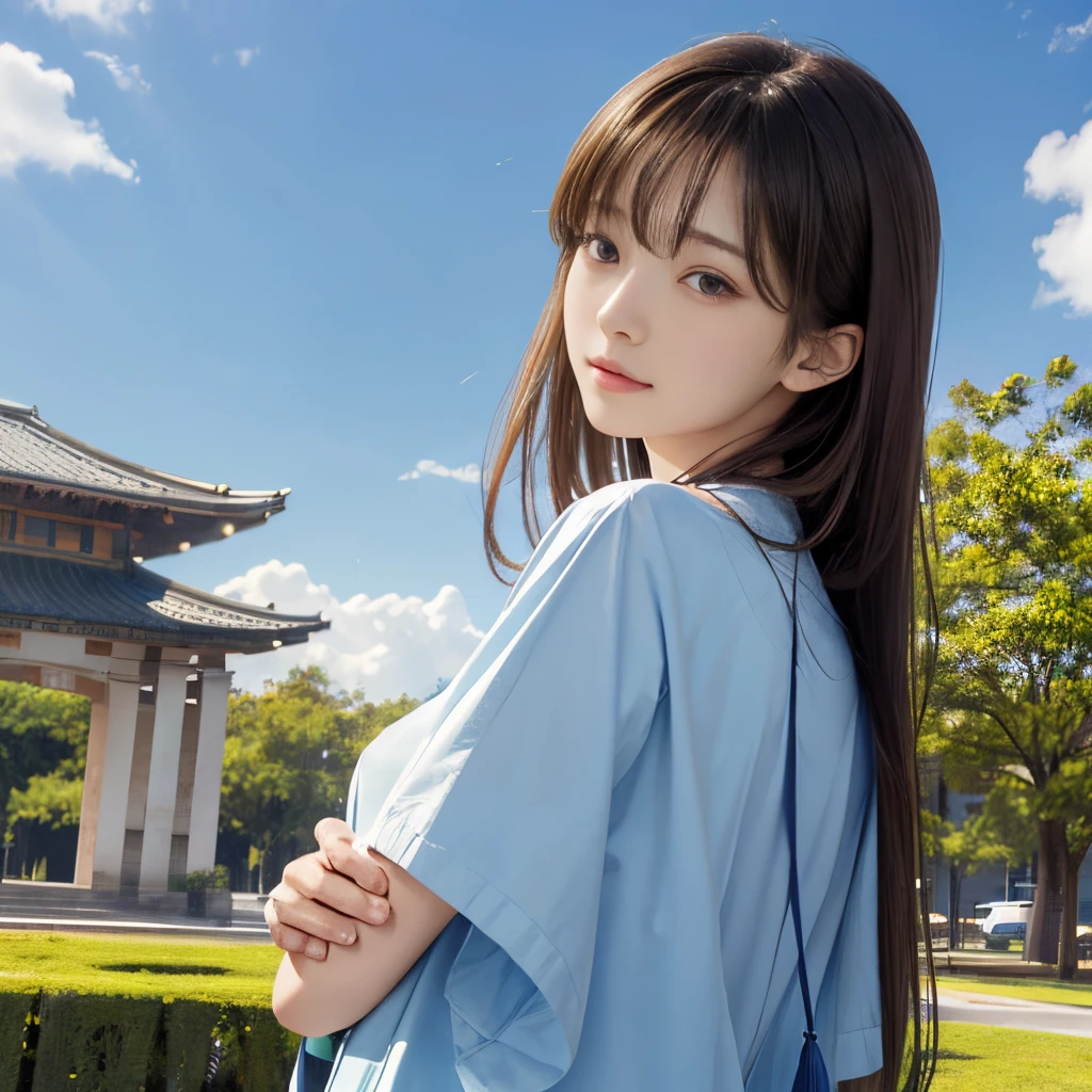 masterpiece、Two beautiful girls、A detailed eye、超A high resolution(reality:1.4)very extremely beautiful, Beautiful skins, A slender,skinny body、being thin、 Forward-facing body, (A hyper-realistic), (hight resolution), (8K), (ighly detailed), (ultra-detailliert), 详细的脸,、gentle face、yoshioka riho、A beautiful square with blue sky、Dr.Stone Ogawa's clothes、Looking to the side