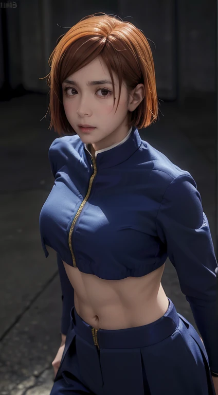 Standing full body, pose de modelo, (melhor qualidade:1.3), (Qualidade 4k), Nobara Kugisaki por jujutsu no kaisen, seios enormes, coxas grossas torneadas, ((Rosto detalhado)),((sorrir)), (()), (seios grandes), sexy, ((corte de cabelo )), bikini blue, ((mostrando axilas))