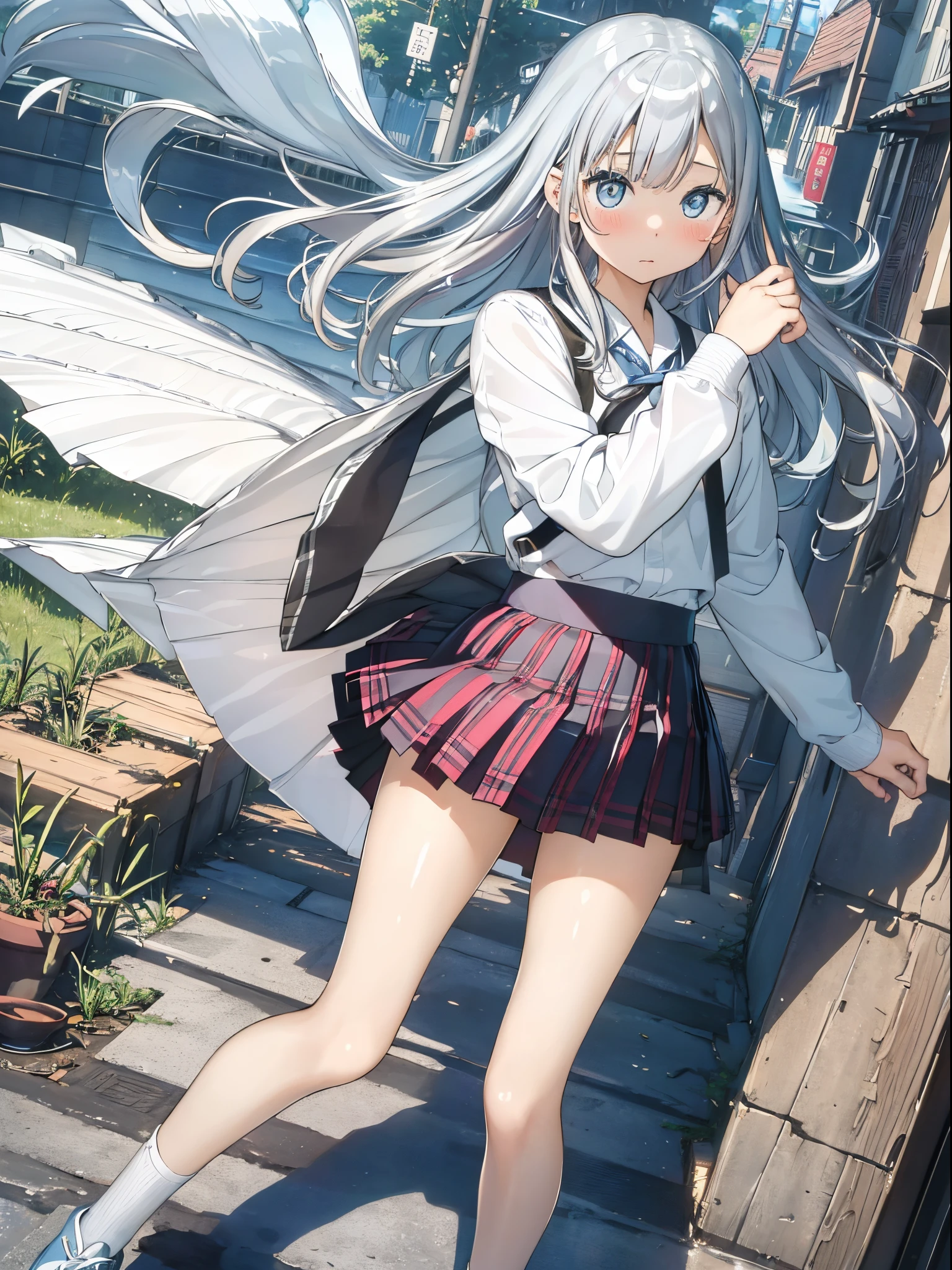 (8K、Raw photography、top-quality、​masterpiece:1.2)、Illustration Touch、ultra-detailliert、super A high resolution、high  girl,silver hair、azure eyes、In the street、High school students、school uniform、plaid skirts、((Skirts that turn over in strong winds))、(white panties)