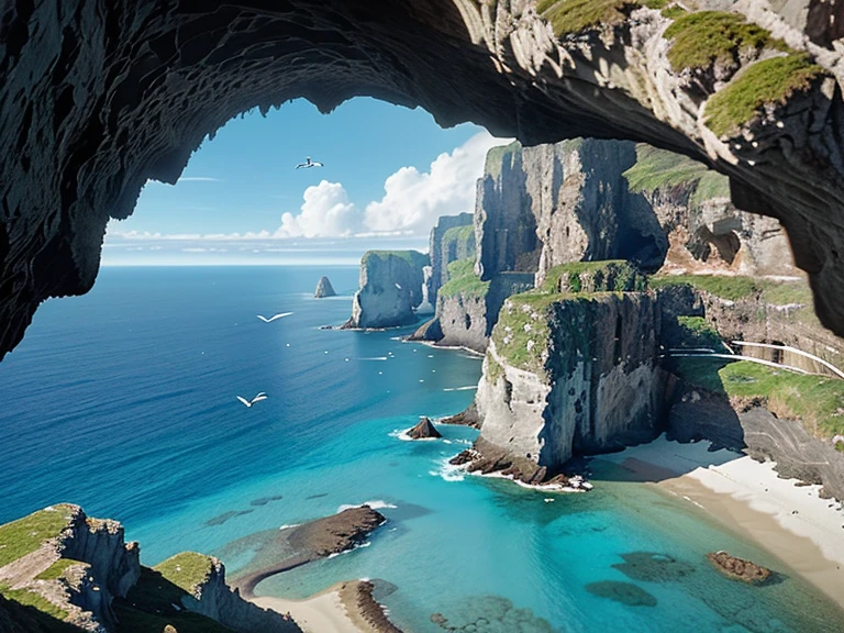 Create a 5-second animation of the bird soaring through a beautiful sea and island, surrounded by towering cliffs. Incorporate echoes of the bird's wings against the rock walls, adding a touch of grandeur to the journey ghibli studio style