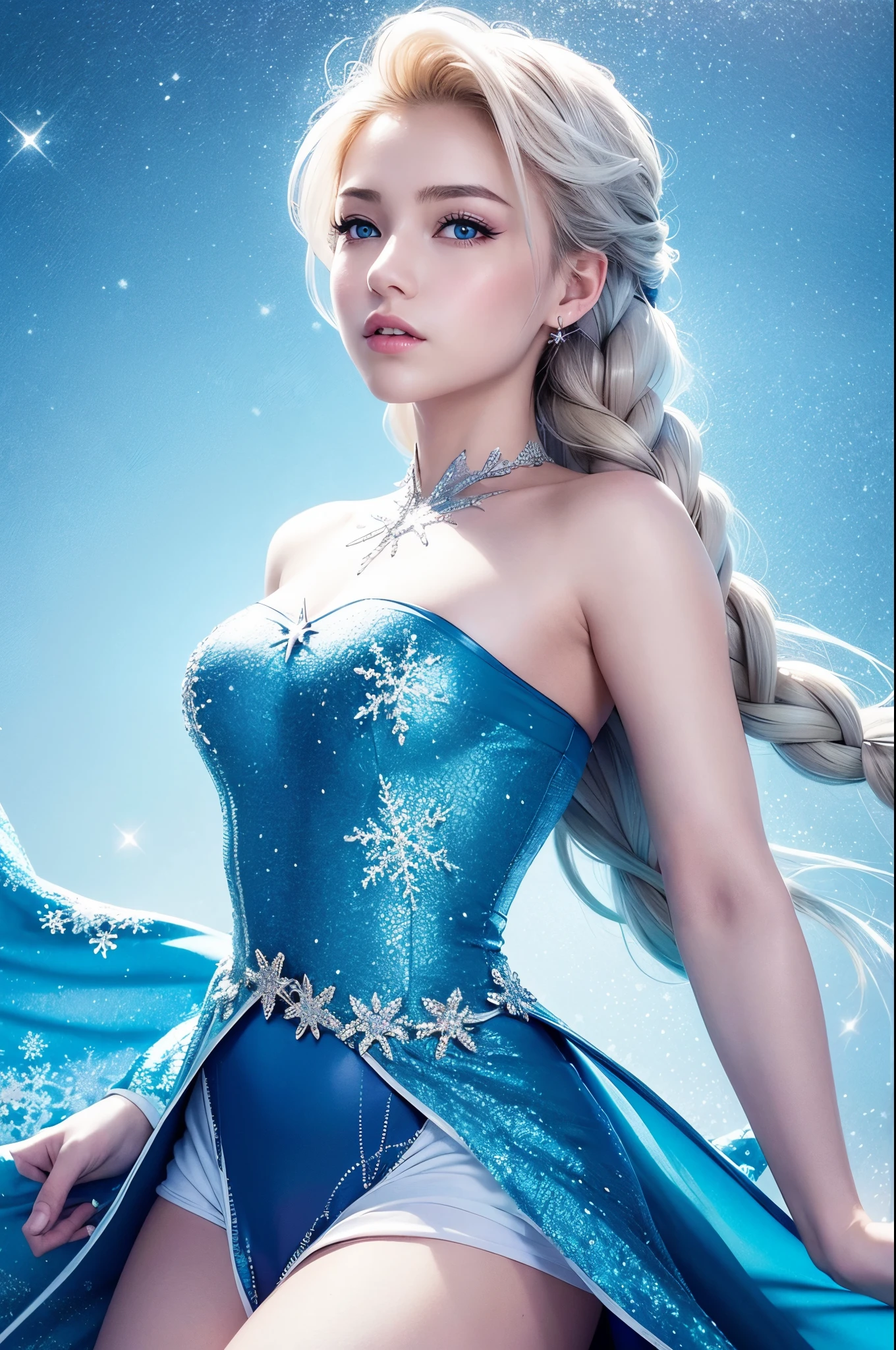 (best quality, masterpiece), 1girl, upper body, looking at the viewer, frozen, Elsa, white background with snowflake pattern, full_body portrait, sea blue filter