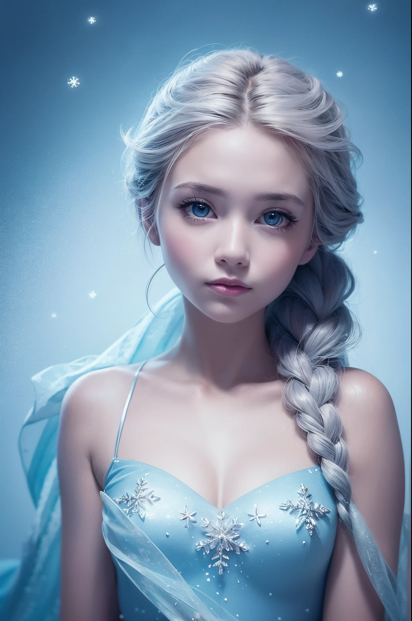 (best quality, masterpiece), 1girl, upper body, looking at the viewer, frozen, Elsa, white background with snowflake pattern, full_body portrait, sea blue filter