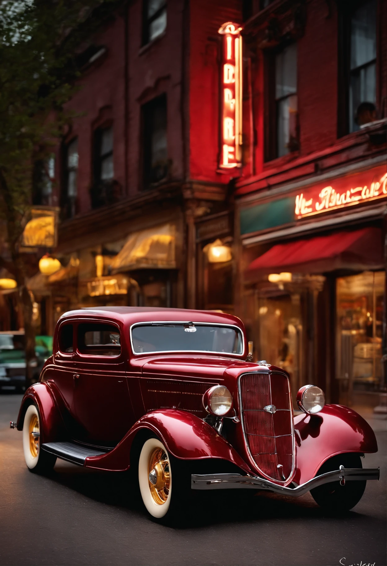 Bright deep red coloured 1934 ford coup hot rod Parked outside drug store, New York city street in the background, realistic, studio quality, cinematic, digital (photorealistic:1.4) photorealistic, Extremely Realistic, it is night time with head lights on, gold mag wheels volumetric fog exciting epic action camera, (masterpiece:1.2) (photorealistic:1.2) (bokeh) (best quality) (detailed skin) (intricate) (8k) (HDR) (cinematic lighting) (sharp focus)
