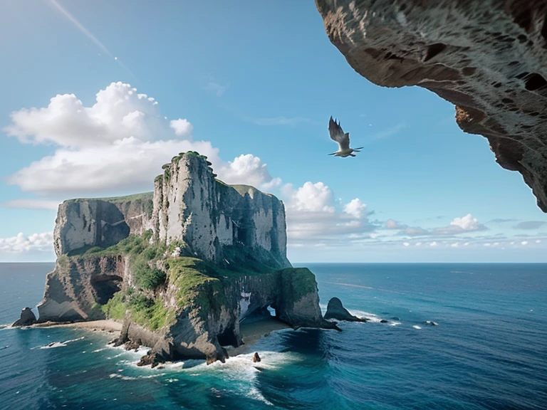 Create a 5-second animation of the bird soaring through a beautiful sea and island, surrounded by towering cliffs. Incorporate echoes of the bird's wings against the rock walls, adding a touch of grandeur to the journey ghibli studio style