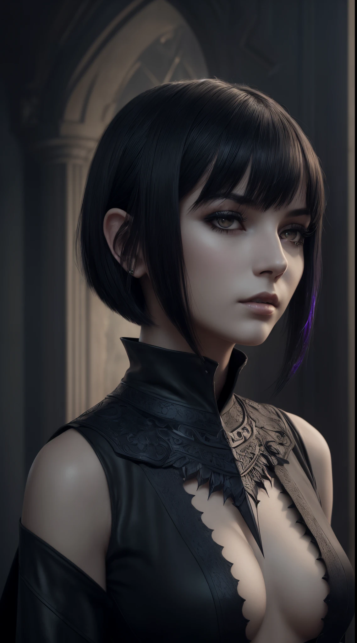 (High quality: 1.3), cinematic shot, masutepiece, (Sharp Focus: 1.5), (Photorealistic: 1.3), medium portrait (Beautiful young vampire woman, pale skin, Gothic, Still proud and fierce, Straight Black Short Bob Hair, Dark look, Dressed in a highly detailed dark tunic, Dark atmosphere, however、Engrave shapes with a sharp chiaroscuro), it is night, (highly detailedskin), (Detailed face),  Detailed background, Dark lighting, Twilight Lighting, Volumetric lighting, intricate-detail, nffsw,