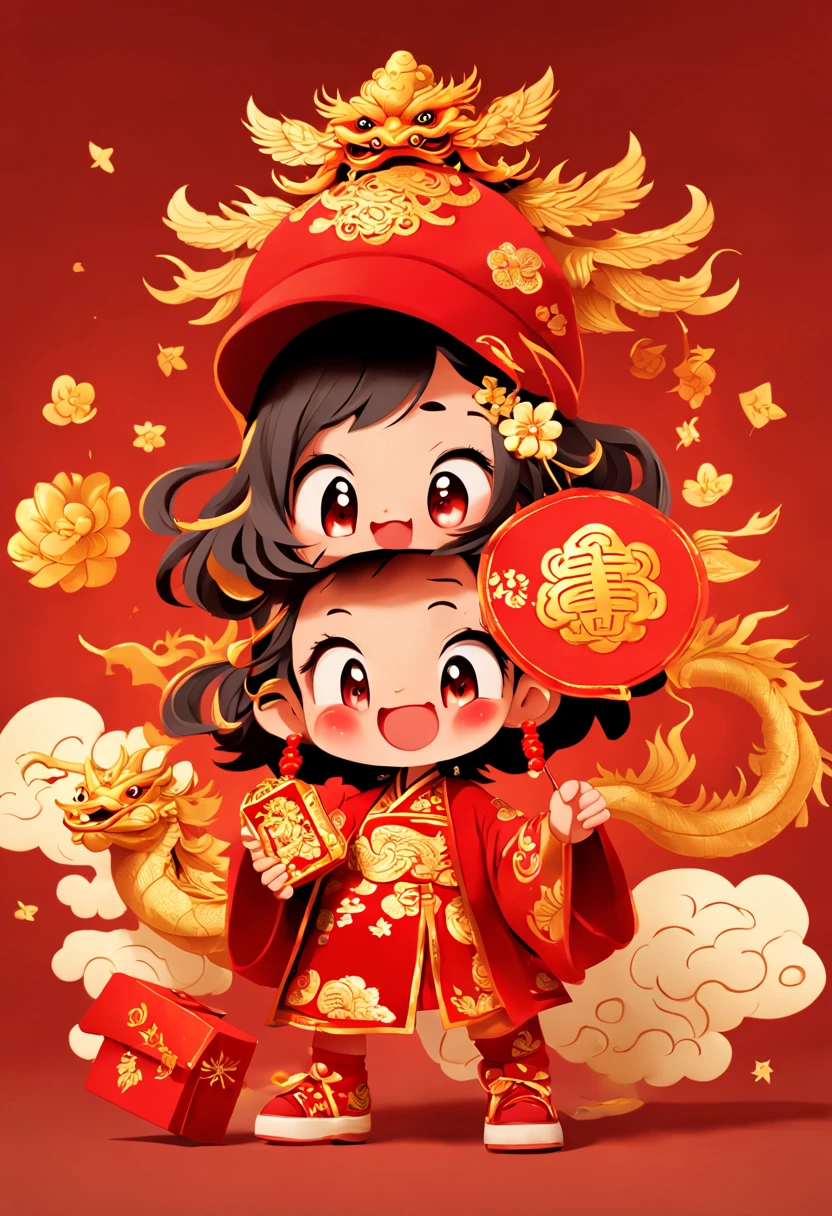 cute doodle, (((Vector illustration style)))，(1 cute little boy，Wearing traditional red hat，Wearing Chinese red clothes，The clothes are painted with golden dragons、Phoenix and other patterns，Highlighting the theme of 2024 as the Year of the Dragon in the Chinese Lunar Calendar)。（The eyes are big，Two small dimples are revealed when blinking，Smile and open your mouth to show your neat teeth，Hand holding red envelope，Big red envelope，The action of sending blessings or receiving lucky money）。（Thick bouncy black curly hair，Wearing a small red flower on the head）。（Red hat with gold trim and embroidery，The clothes have detailed designs such as buttons and embroidery), (((The stands up，Chinese Xiangyun cloth shoes: 1.6, red LED light effect))), (Full body shot: 1.5), ((Chinese element background，Auspicious cloud background)), (pov, first-person view, Ghibli-like colours, Luminism, cinematic lighting, UHD, masterpiece, ccurate, anatomically correct, textured skin, super detail, high details, high quality, award winning, best quality, 4k)