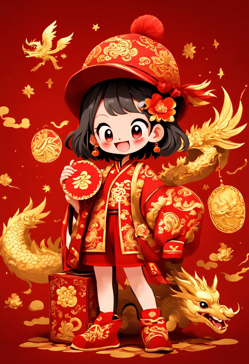 cute doodle, (((Vector illustration style)))，(1 cute little boy，Wearing traditional red hat，Wearing Chinese red clothes，The clothes are painted with golden dragons、Phoenix and other patterns，Highlighting the theme of 2024 as the Year of the Dragon in the Chinese Lunar Calendar)。（The eyes are big，Two small dimples are revealed when blinking，Smile and open your mouth to show your neat teeth，Hand holding red envelope，Big red envelope，The action of sending blessings or receiving lucky money）。（Thick bouncy black curly hair，Wearing a small red flower on the head）。（Red hat with gold trim and embroidery，The clothes have detailed designs such as buttons and embroidery), (((The stands up，Chinese Xiangyun cloth shoes: 1.6, red LED light effect))), (Full body shot: 1.5), ((Chinese element background，Auspicious cloud background)), (pov, first-person view, Ghibli-like colours, Luminism, cinematic lighting, UHD, masterpiece, ccurate, anatomically correct, textured skin, super detail, high details, high quality, award winning, best quality, 4k)