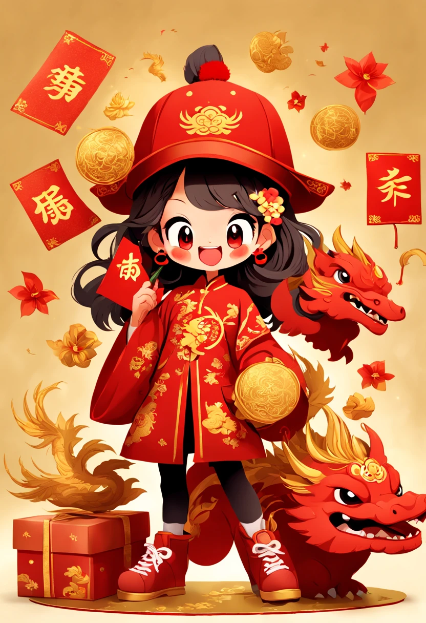 cute doodle, (((Vector illustration style)))，(1 cute **********，Wearing traditional red hat，Wearing Chinese red clothes，The clothes are painted with golden dragons、Phoenix and other patterns，Highlighting the theme of 2024 as the Year of the Dragon in the Chinese Lunar Calendar)。（The eyes are big，Two small dimples are revealed when blinking，Smile and open your mouth to show your neat teeth，Hand holding red envelope，Big red envelope，The action of sending blessings or receiving lucky money）。（Thick bouncy black curly hair，Wearing a small red flower on the head）。（Red hat with gold trim and embroidery，The clothes have detailed designs such as buttons and embroidery), (((The stands up，Chinese Xiangyun cloth shoes: 1.6, red LED light effect))), (Full body shot: 1.5), ((Chinese element background，Auspicious cloud background)), (pov, first-person view, Ghibli-like colours, Luminism, cinematic lighting, UHD, masterpiece, ccurate, anatomically correct, textured skin, super detail, high details, high quality, award winning, best quality, 4k)