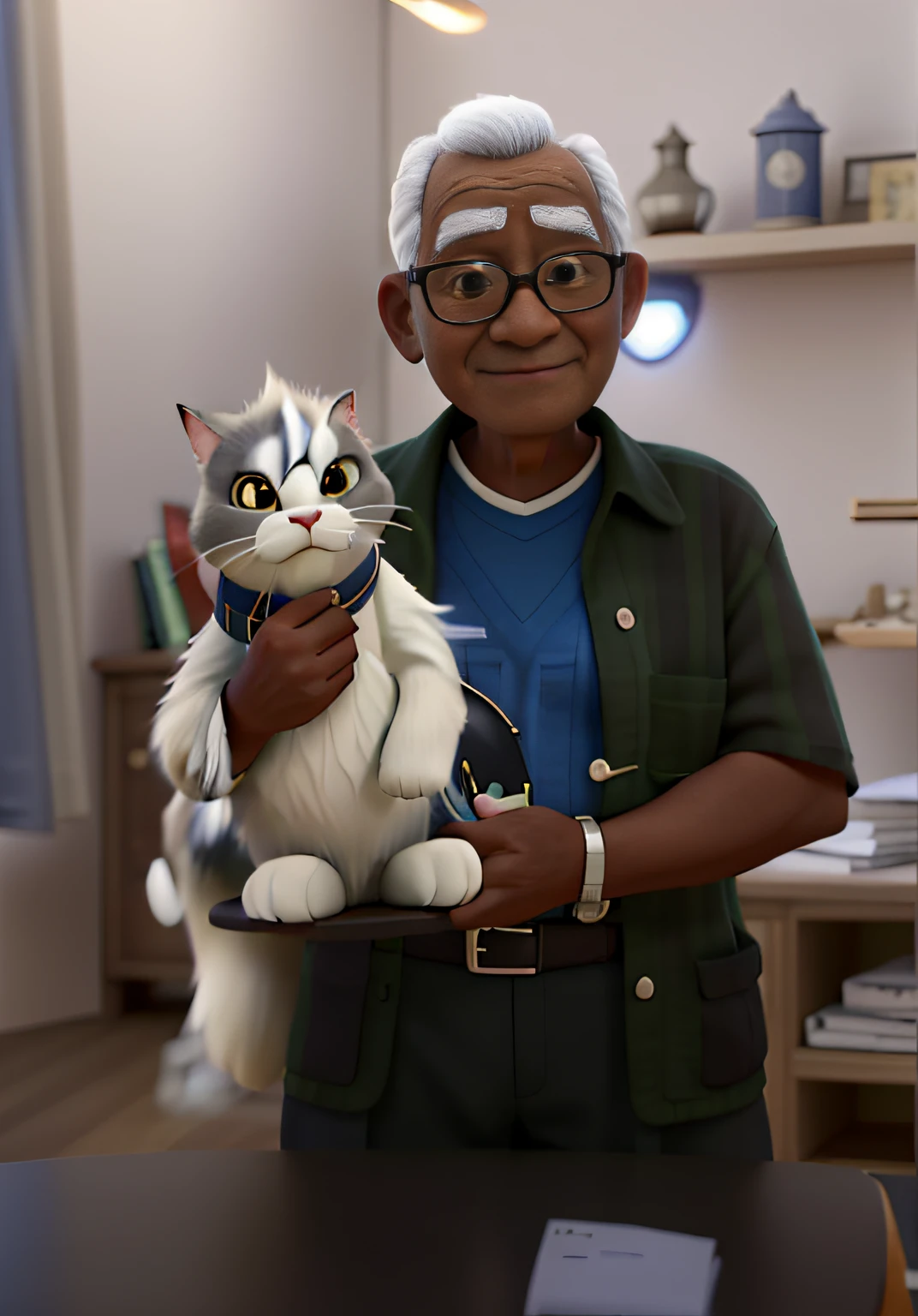 A wise old man standing in front, illuminated by the light of a lamp, contra o pano de fundo de uma biblioteca homem negro de cBELOS cacheado brancs segurando o gato branco com orelhas castanhas