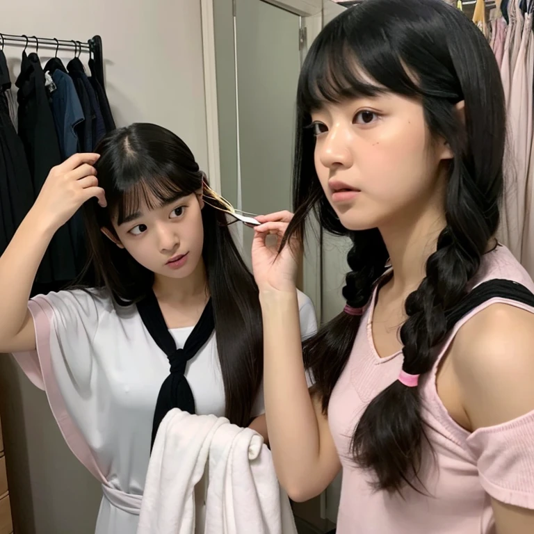 An ultra-high picture quality、Perfect Photo、18-year-old beautiful girl、Japan beautiful girl、female high-school student、light skinned、slender、Black Haired Beautiful Girl、cute little、Beautuful Women、（tiny chest）、(((look at the dressing table)))、(((the act of tying one&#39;s hair together)))、With bangs、((It hurts a lot))、(hate)、(Painful)、(resist)、(half-opened mouth)、(Resist fiercely)、terrifying、sports hair、Straight hair、glares、semi long hair、(Teary-eyed)、Bedrooms、