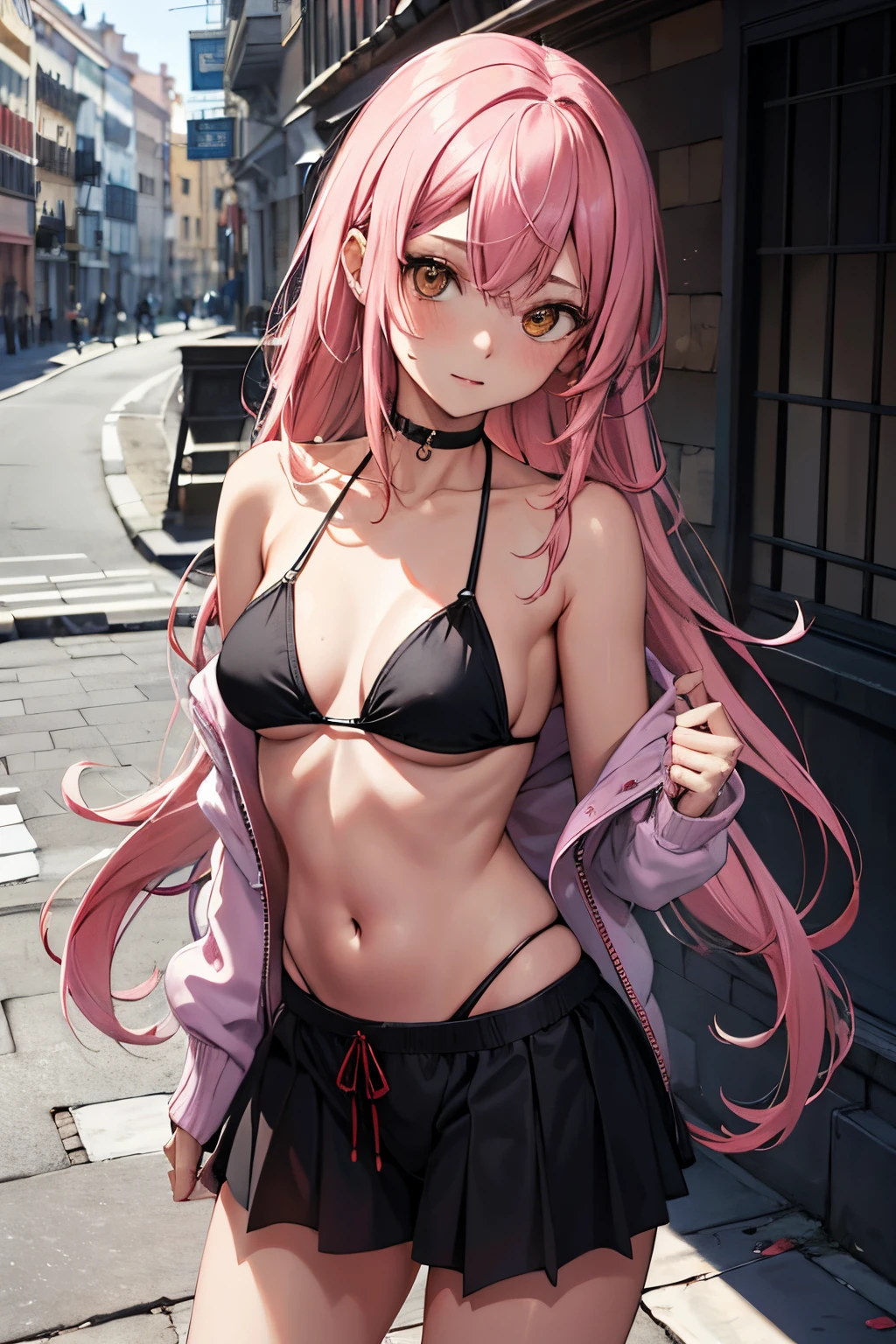 Masutepiece,1chica en,22Edad、solamente,Bery pelo corto、,El bikini、
cabello rosado,sudadera con capucha,fuera de los hombros:1.2, Gorra de la mafia, calle,poner las manos en la cadera, manos en los bolsillos,