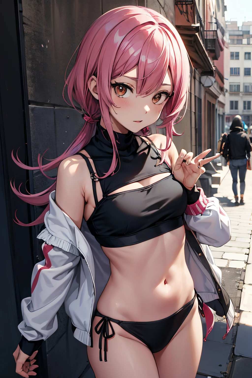 Masutepiece,1chica en,22Edad、solamente,Bery pelo corto、,El bikini、
cabello rosado,sudadera con capucha,fuera de los hombros:1.2, Gorra de la mafia, calle,poner las manos en la cadera, manos en los bolsillos,