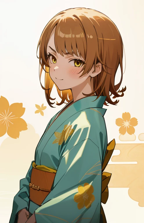 masutepiece, High quality, Best Quality, High resolution, 4K, High Definition, Beautiful lighting, Highly detailed face, well-drawn hands, well-drawn legs, well-drawn feet, (((well-drawn eyes))),1girl in, iroha, Brown hair, Short hair, hair tied back，Floral hair ornament，yellow kimono，Kimono，Furisode， Standing , a small face, smirking, From Side, Upper body only, The morning sun brightens everything,Looking at the viewer,camera sunlight, close up of face, face in photo，-so