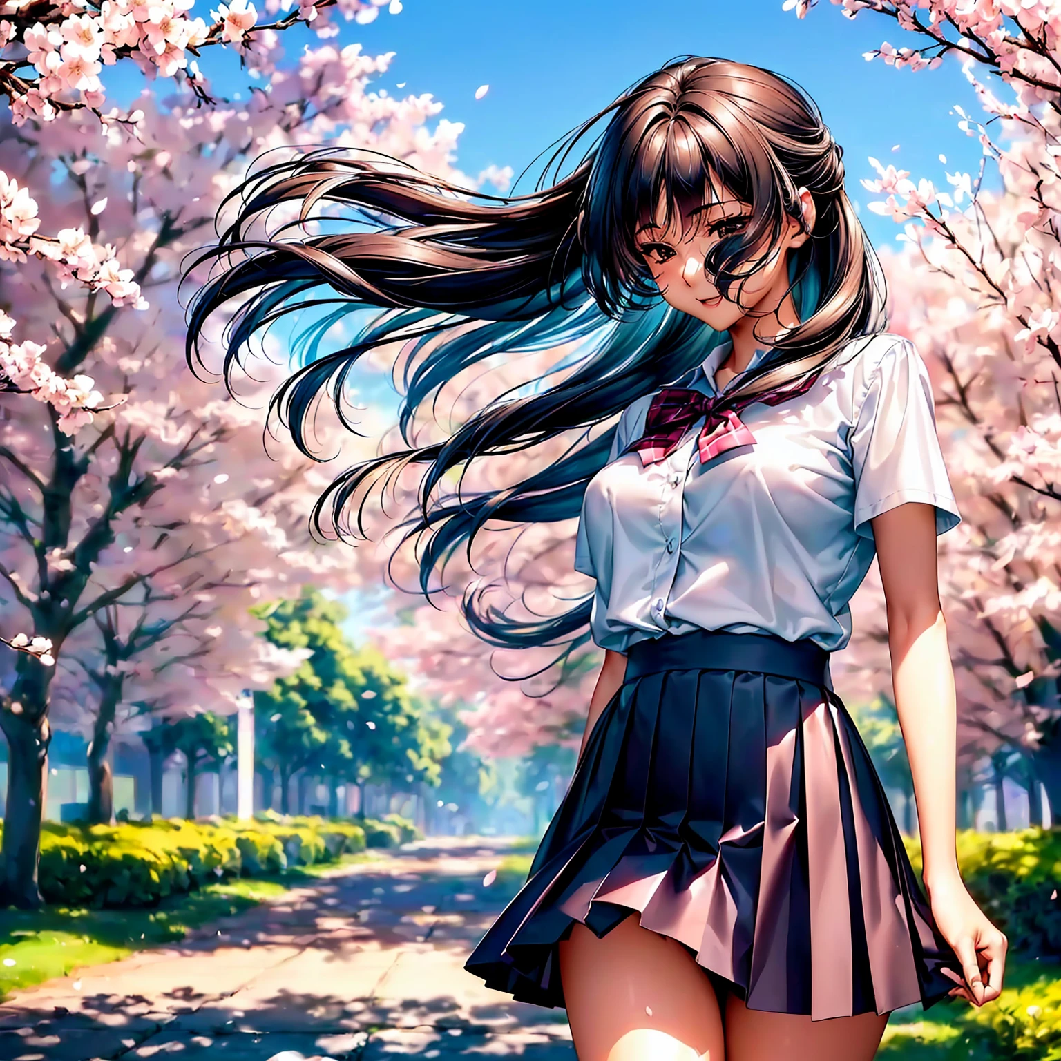 (top quality picture、masterpiece level、very high res、超A high resolution,High-quality detail)、(An 18-year-old beautiful girl with perfect and ultimate beauty.,beautiful breasts and body shape,Beautiful body,美丽的面容:1.5)、Wide variety of hairstyles,Beautiful hair,Realistic textures,beautiful colors,(Wearing a white blouse,bow ribbon,Wear a cardigan,wear a dark blue blazer,Wear a plaid pleated skirt,(Wearing a Japan high school uniform,high-school uniform,School uniform,hi-school girl,schoolgirl),has a bright smile,line of sight,Mouth opens,The wind is blowing(The wind blows and the skirt flaps 1.2),Hair flutters under the influence of the wind,Park at night,A path lined with flourishing cherry blossom trees,Cherry blossoms scattering,Beautiful Landscapes,(The whole body,thigh visible,accurate anatomy、extremely detailed picture、Accurate images、Perfect Image 1.5)、beautiful anime woman, Beautiful Art Style, an animated character、(The whole picture、Detailed picture、Defect-free images、natural soft light、beautiful image),(Best Shot 1.2)