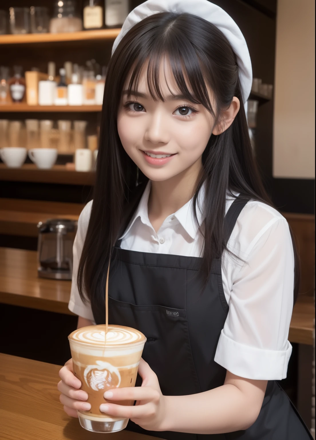 NSFW,1girl in, Cute face, with round face, -faceli face, (CUBBY:0.9), Medium Hair, a small face, huge-breasted, 18year old, (Girl looking younger:1.1),
Break HA,
Pleasant feelings, happy feeling,
grin, (Cute :1.3), (barista:1.3), (Bartender costumes:1.3),
(Dynamic Angle, Dynamic Pose:1.1), (randome pose, randam angle:1.1),
BREAK,
masutepiece, Best Quality, 8K, Detailed, Detailed face and skin, Hi-Res, Perfect Anatomy, Physically-based rendering, Photorealistic, symmetric clear eyes, Well-groomed face,
