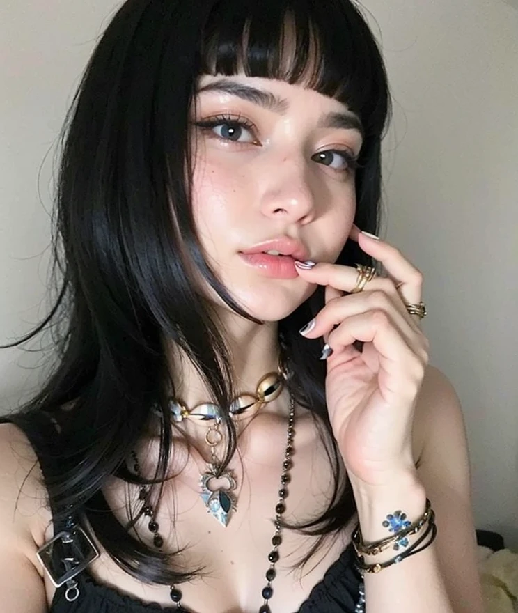 There  a woman with long black hair and a necklace in, cabelos pretos e olhos grandes, lindo rosto latino, 18 anos, pale-skinned persian girl, thick lips, Violeta Myers, Parece Fabiula Nascimento, imagem de perfil, lorde, female with long black hair, 1 6 anos, cabelo preto ondulado, pele de azeitona