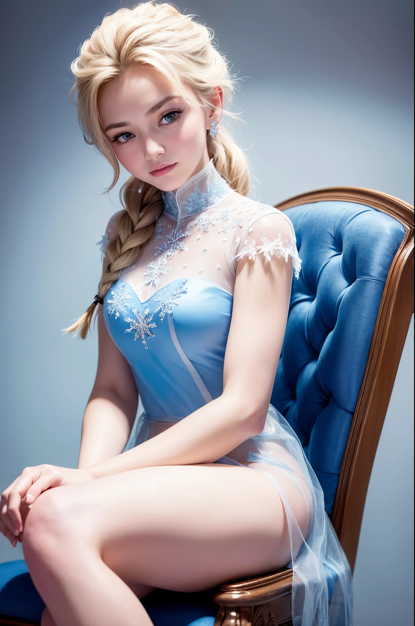 (best quality, masterpiece), 1girl, upper body, looking at the viewer, frozen, Elsa, white background with snowflake pattern, sitting in ice chair