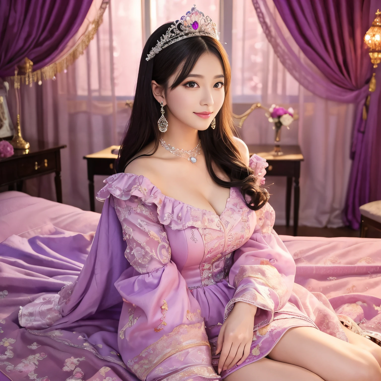 (top-quality、masutepiece、8K、Top image quality、Highly complex and detailed depictions)、one prostitute goddess、30-years old、The most luxurious costume imaginable、most gorgeous goddess costume、(Surrounded by pink and purple curtains:1.3)、sit on a huge bed、(The background is surrounded by curtains, giving a sense of occlusion.:1.5)、(Blurry background:1.5)、(Atmosphere of medieval Europe:1.1)、(Very romantic atmosphere:1.3)、Everything in the background is pink and purple、(smile looking at me:1.1)、Upper body photo、sit on the most comfortable and soft bed、tons of pink and purple decorations、artistic décor、(lots of pink roses:1.2)、(Warm, soft, subtle lighting:1.3)、spectacular movie lighting、Large amount of jewelry decoration、The most luxurious and huge tiara、giant pink and purple costume、huge pink and purple sleeves、Very complex decoration、royal、Frontal close-up、Front composition、(accurate anatomy:1.2)、(Sit facing the front:1.1)、symmetrical composition、Huge bed、(moody dim room:1.3)、