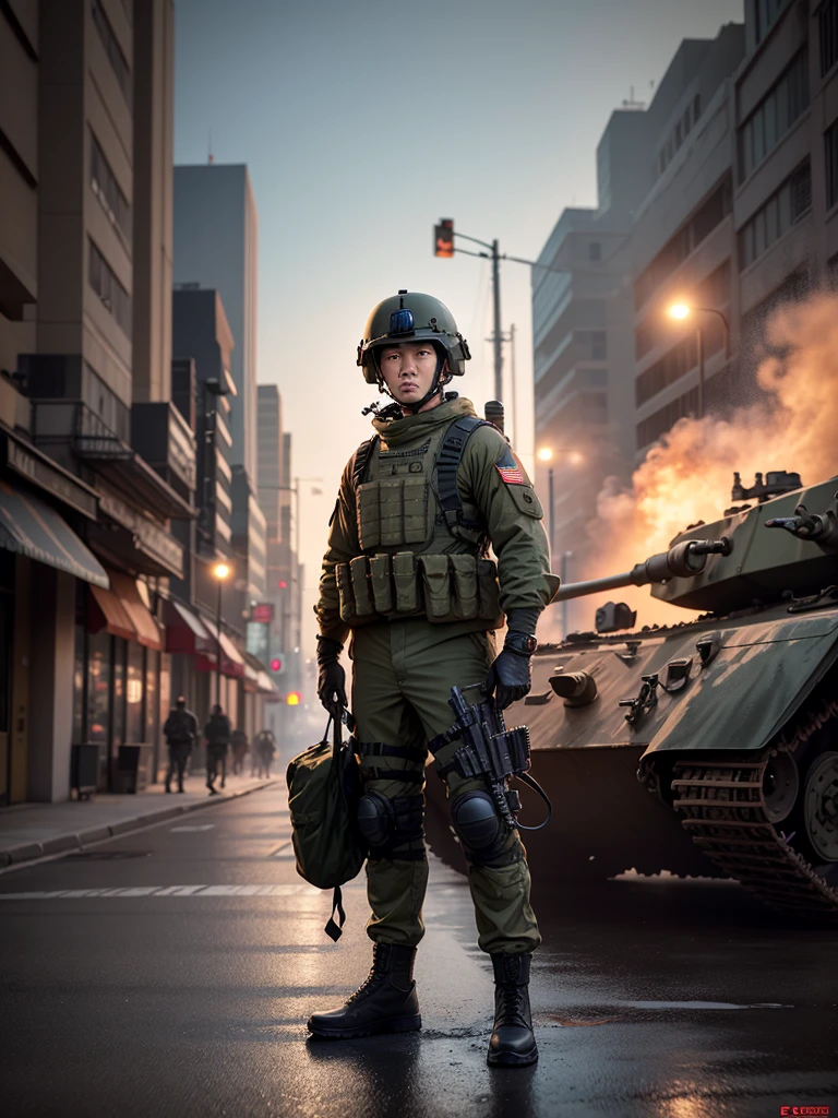 Special forces soldier, 36 years old Chinese boy, gritty eyes, camouflage uniform, combat helmet, behind the tank, hand M416 rifle, standing on the city street, smoke filled, street, camouflage, surrealist scene, shot in a movie, panoramic, super wide Angle shooting, movie lighting, special forces,3d, c4d,hd, oc renderer, cinematic lighting, super detail, 8k, super detail