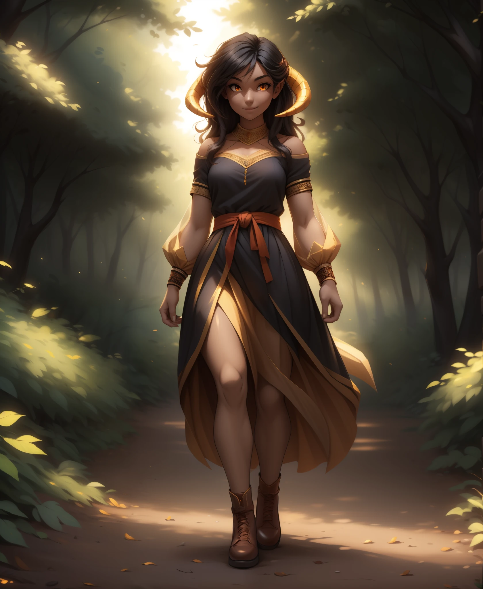 human-reni, twokinds, by tom_fischbach,, (best quality, masterpiece:1), full body ,solo, female human, orange eyes, medium hair, black hair, looking at viewer, horns, scalie, dragon humanoid, (outdoors dark forest trees blurry blurred background:1.1),