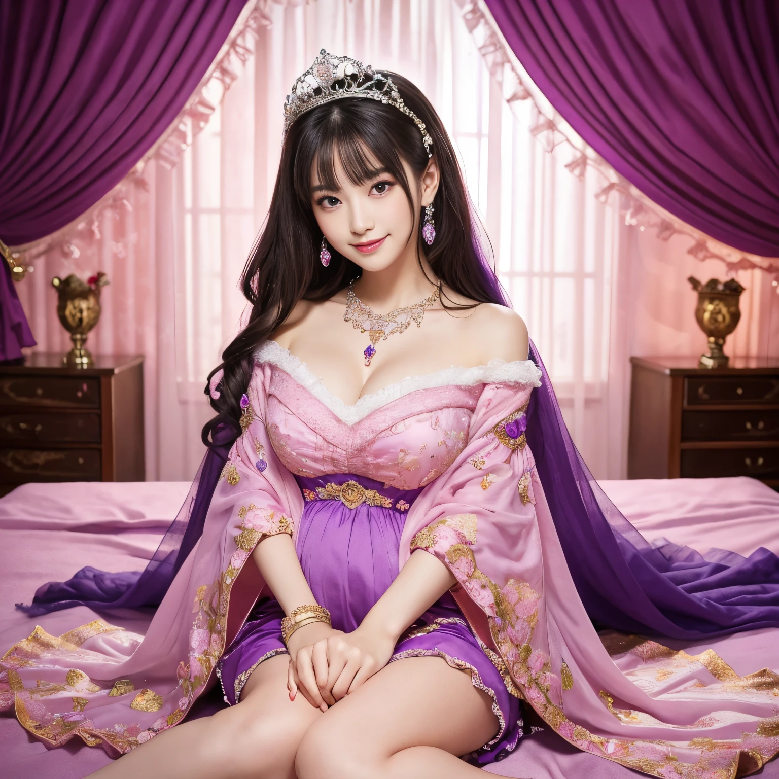 (top-quality、masutepiece、8K、Top image quality、Highly complex and detailed depictions)、one prostitute goddess、Pregnancy、Ultimate luxury with everything you can imagine、most gorgeous goddess costume、(Surrounded by pink and purple curtains:1.3)、Sitting on a big bed、(Background completely surrounded by curtains:1.3)、(blurry backround:1.5)、(Very romantic atmosphere:1.3)、The background is pink and purple and very gorgeous.、A smile staring at me、Upper body photo、Sit on the most gorgeous bed、Lots of pink and purple decorations、artistic décor、(warm mood lighting:1.5)、spectacular movie lighting、Large amount of jewelry decoration、The most luxurious and huge tiara、giant pink and purple costume、pink and purple big sleeves、Very complex decoration、royal、Frontal close-up、Front composition、(accurate anatomy:1.2)、(Sit facing the front:1.1)、Symmetrical composition、big nice bed