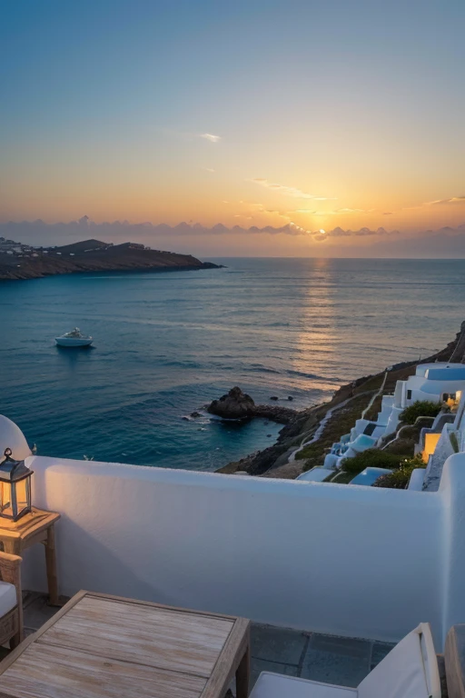 (best quality,4k,8k,highres,masterpiece:1.2),ultra-detailed,(realistic,photorealistic,photo-realistic:1.37),Greece Mykonos,evening,sea sight,beautiful detailed sunset,serene atmosphere,traditional white houses and blue domes,calm waves,lively coastline,glowing lights,romantic ambiance,summer escape,vibrant colors,warm golden sunlight,holiday destination,magical island getaway,relaxing waterfront,eternal beauty,paradise on Earth