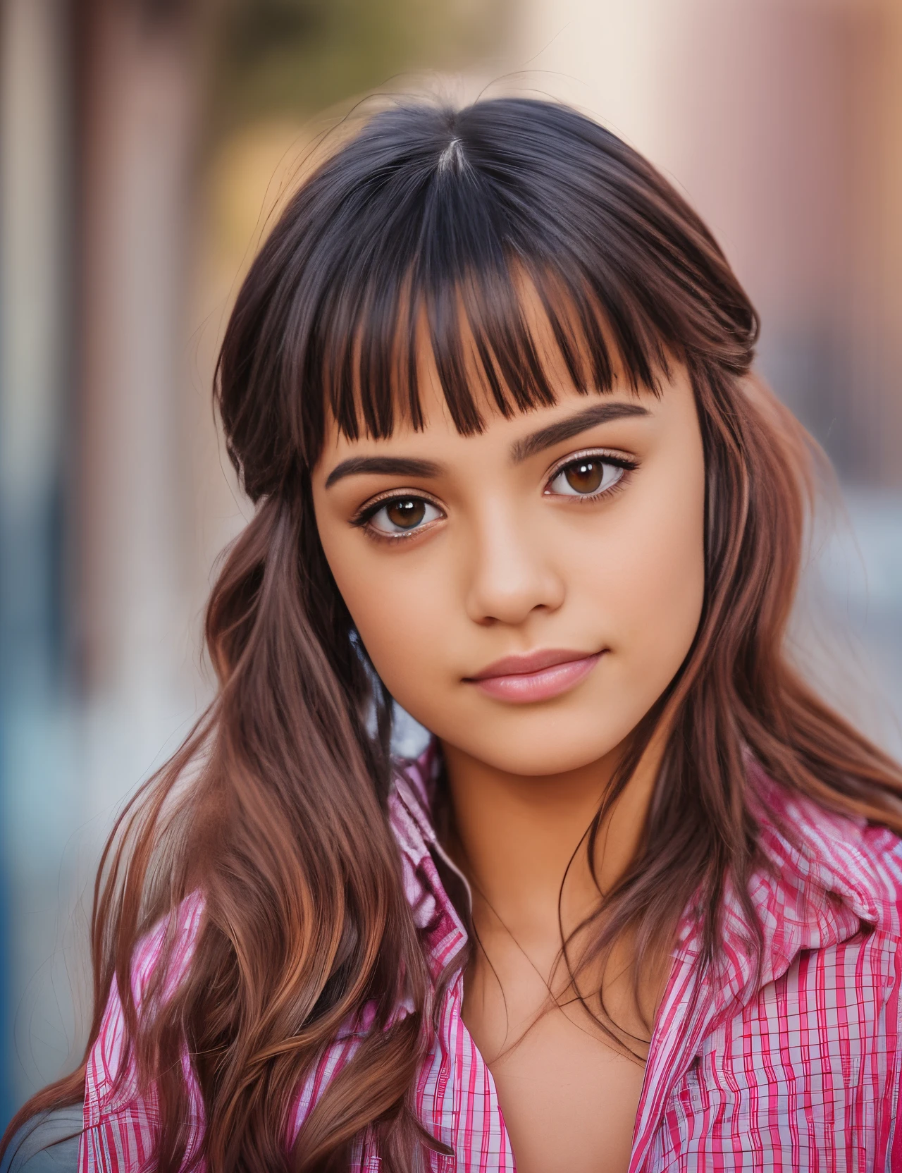 a 20 year old latina girl with black hair with the background of her town --auto --s2