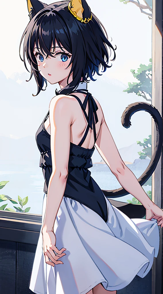 1girl, fran, cat tail, cat ears, black hair, blue eyes, tail, hair ornament, crossed bangs, animal ear fluff, short hair, [small breastantasy