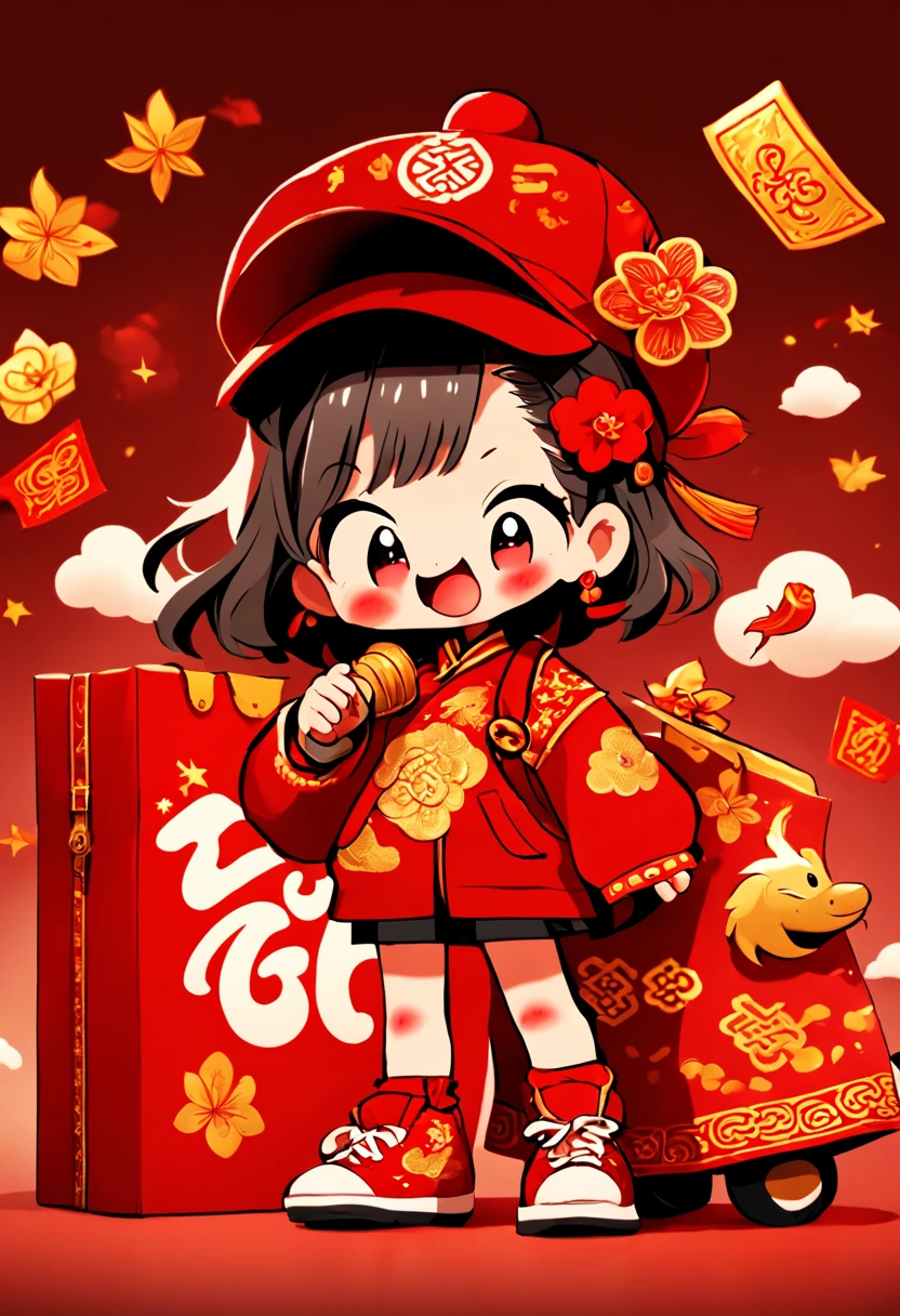 cute doodle, (((Vector illustration style)))，(1 cute little boy，Wearing traditional red hat，Wearing Chinese red clothes，The clothes are painted with golden dragons、Phoenix and other patterns，Highlighting the theme of 2024 as the Year of the Dragon in the Chinese Lunar Calendar)。（The eyes are big，Two small dimples are revealed when blinking，Smile and open your mouth to show your neat teeth，Hand holding red envelope，Big red envelope，The action of sending blessings or receiving lucky money）。（Thick bouncy black curly hair，Wearing a small red flower on the head）。（Red hat with gold trim and embroidery，The clothes have detailed designs such as buttons and embroidery), (((The stands up，Chinese Xiangyun cloth shoes: 1.6, red LED light effect))), (Full body shot: 1.5), ((Chinese element background，Auspicious cloud background)), (pov, first-person view, Ghibli-like colours, Luminism, cinematic lighting, UHD, masterpiece, ccurate, anatomically correct, textured skin, super detail, high details, high quality, award winning, best quality, 4k)