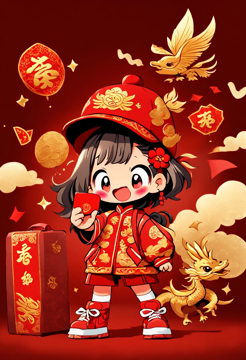 cute doodle, (((Vector illustration style)))，(1 cute **********，Wearing traditional red hat，Wearing Chinese red clothes，The clothes are painted with golden dragons、Phoenix and other patterns，Highlighting the theme of 2024 as the Year of the Dragon in the Chinese Lunar Calendar)。（The eyes are big，Two small dimples are revealed when blinking，Smile and open your mouth to show your neat teeth，Hand holding red envelope，Big red envelope，The action of sending blessings or receiving lucky money）。（Thick bouncy black curly hair，Wearing a small red flower on the head）。（Red hat with gold trim and embroidery，The clothes have detailed designs such as buttons and embroidery), (((The stands up，Chinese Xiangyun cloth shoes: 1.6, red LED light effect))), (Full body shot: 1.5), ((Chinese element background，Auspicious cloud background)), (pov, first-person view, Ghibli-like colours, Luminism, cinematic lighting, UHD, masterpiece, ccurate, anatomically correct, textured skin, super detail, high details, high quality, award winning, best quality, 4k)