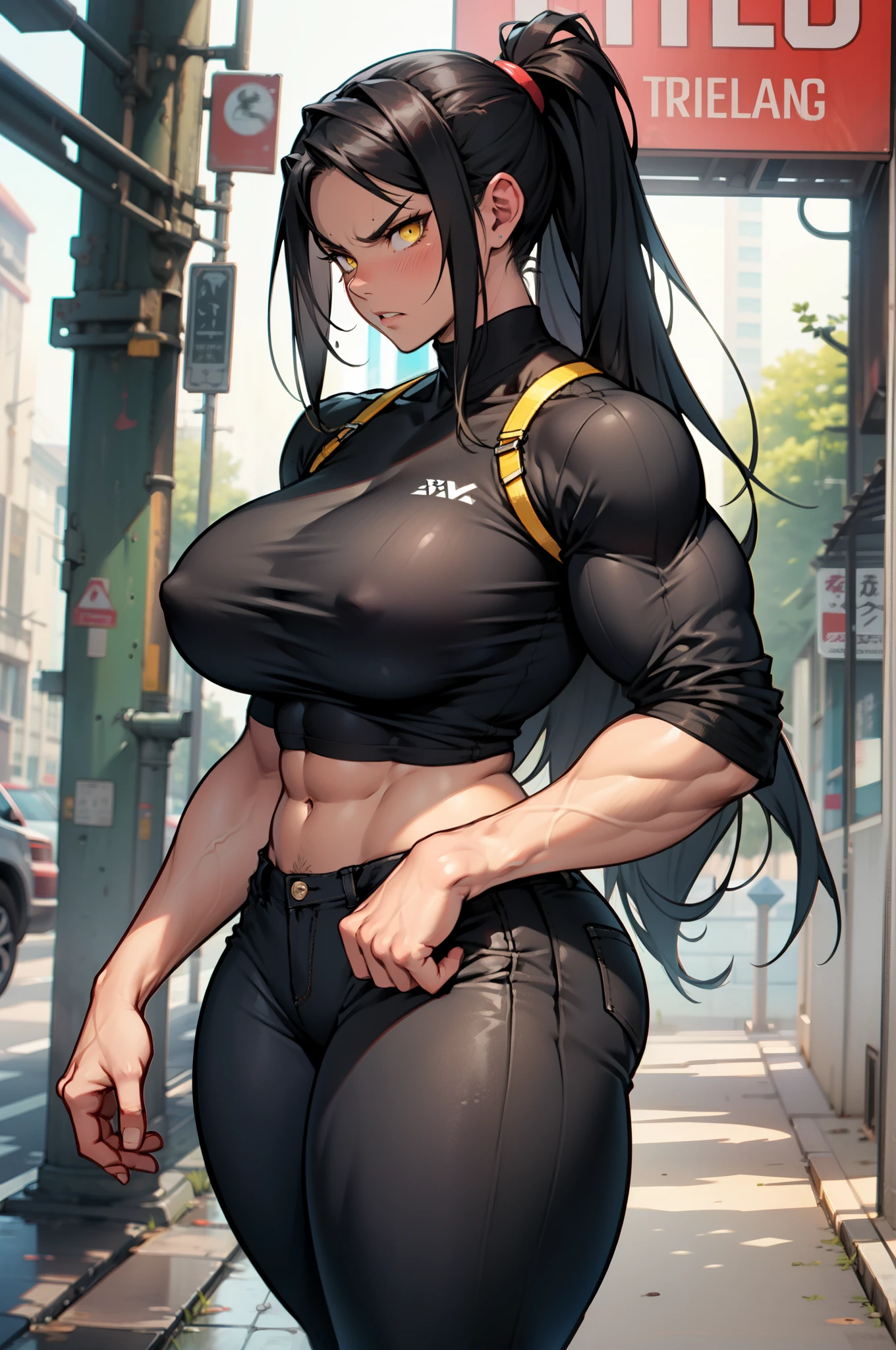 1girl, extremely long hair, solo, ((muscular)), veins, black hair, yellow eyes, blushing, thick thighs, pale skin, strong, veins, abs, big thighs, huge breasts, navel, standing, angry, tight pants, tight shirt thick thick thick thick thick thick thick thick thick thick thick thick thick thick thick thick thick thick thick thick thick thick thick thick thick thick thick thick thick thick thick thick thick thick thick thick thick thick thick thick thick thick thick thick thick thick thick thick thick thick thick thick thick thick thick thick thick thick thick thick thick thick thick thick thick thick thick thick thick thick thick thick
