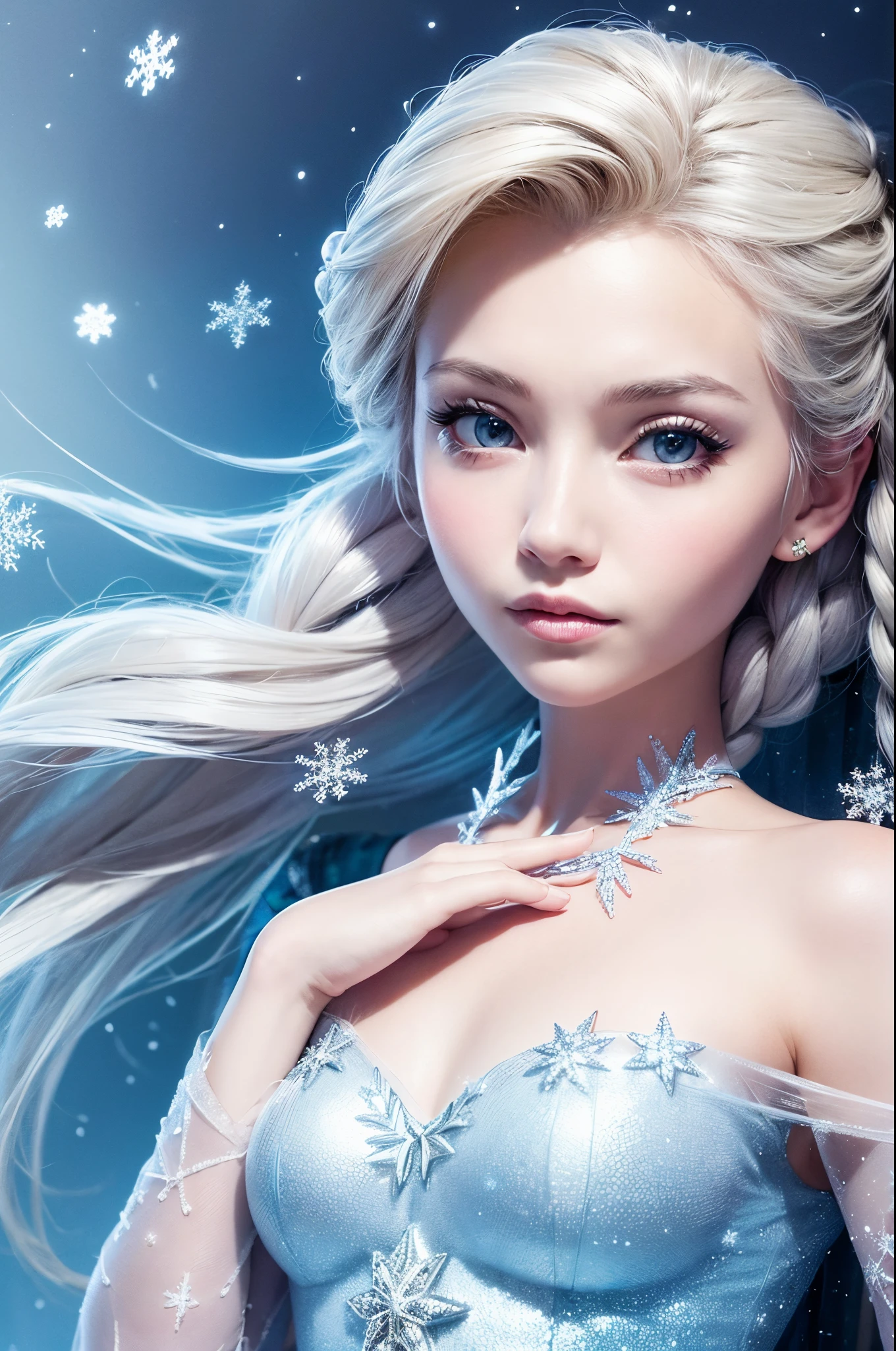 (best quality, masterpiece), 1girl, upper body, looking at the viewer, frozen, Elsa, white background with snowflake pattern