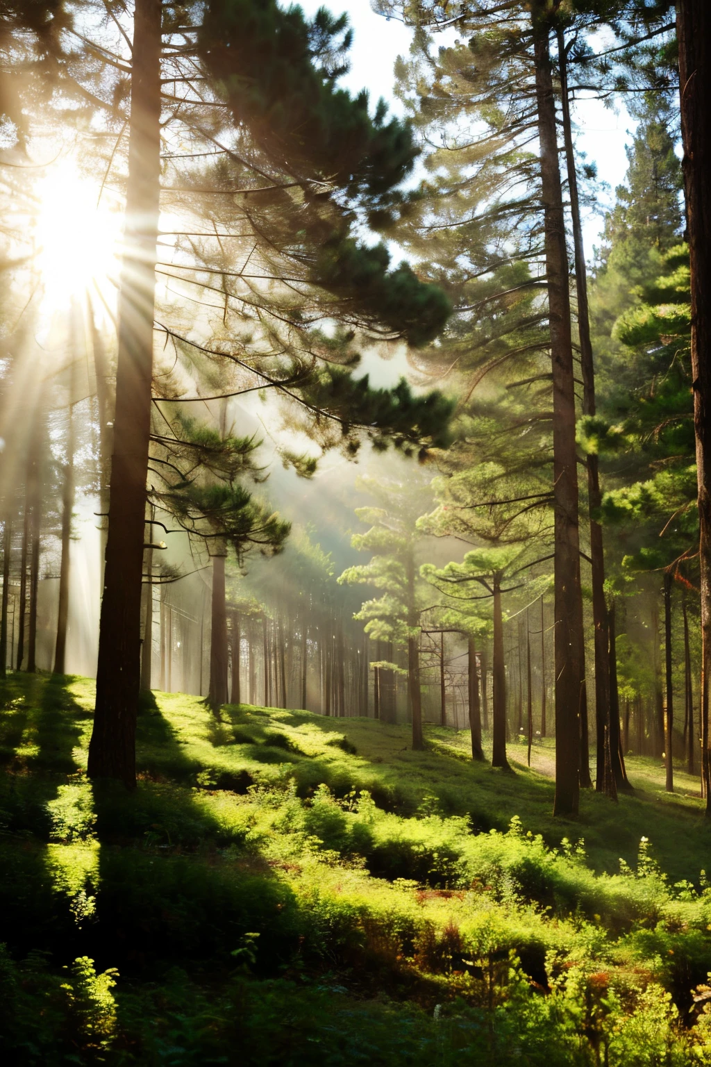 a wonderful forest landscape, deers, particel flying, glowing particel, nature forest, pine forest, needel forerst, green forest, calm and big forest,