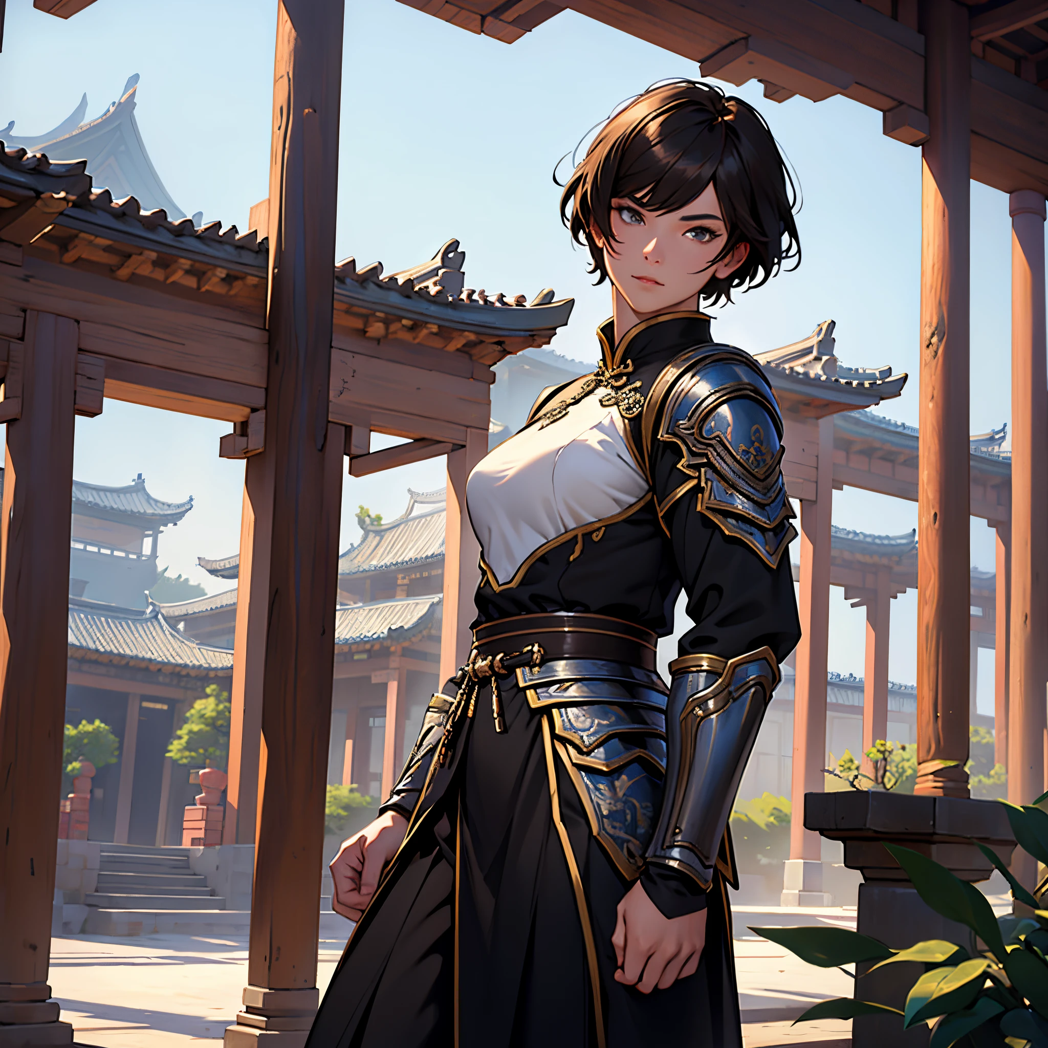 ​masterpiece, Best Quality, detailed, Cinematics, 4k, Background with:In front of a pavilion inside an ancient Chinese city, wearing black uniform and armor.,female warrior with brown short hair, Cool pose