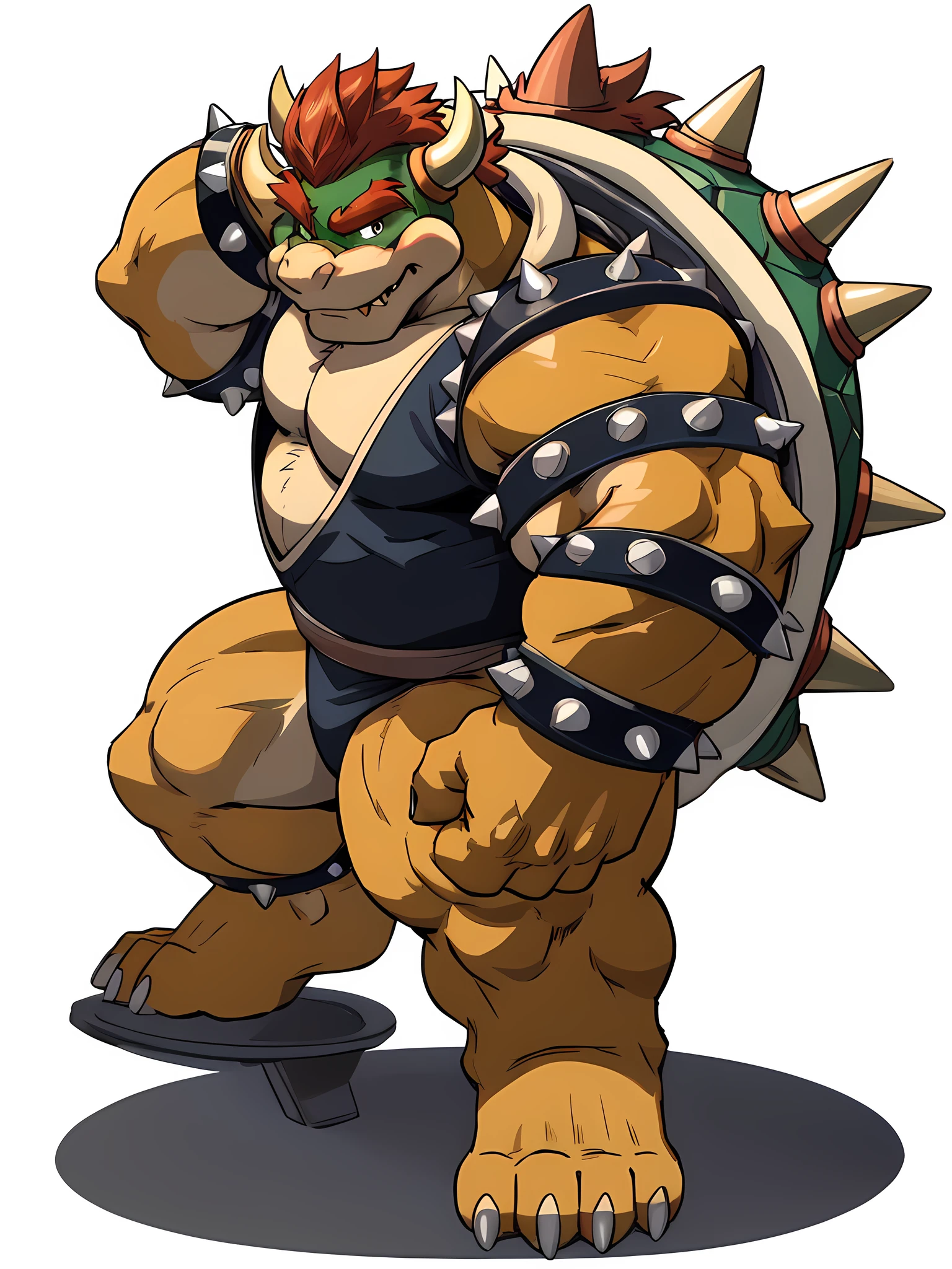 bowser, detailed bowser, 4k, high resolution, best quality, posted on e621, solo, male, masculine, pectorals, heavyweight, (white background, no background:1.1), (wfa style, meesh style:1.0), bowser anatomy, (detailed face, detailed eyes:1.0), (flat colors, cel shaded, cartoony shading:1.2), cartoony proportions, shiny skin, full body, short legs