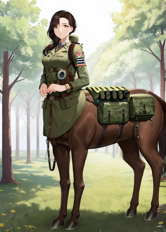 masterpiece, best quality, woman, centaur,extemely detailed,looking at viewer,,tall,full body,1girl,solo,military,tactical coat,belt,backpack,saddle bag ,long boots