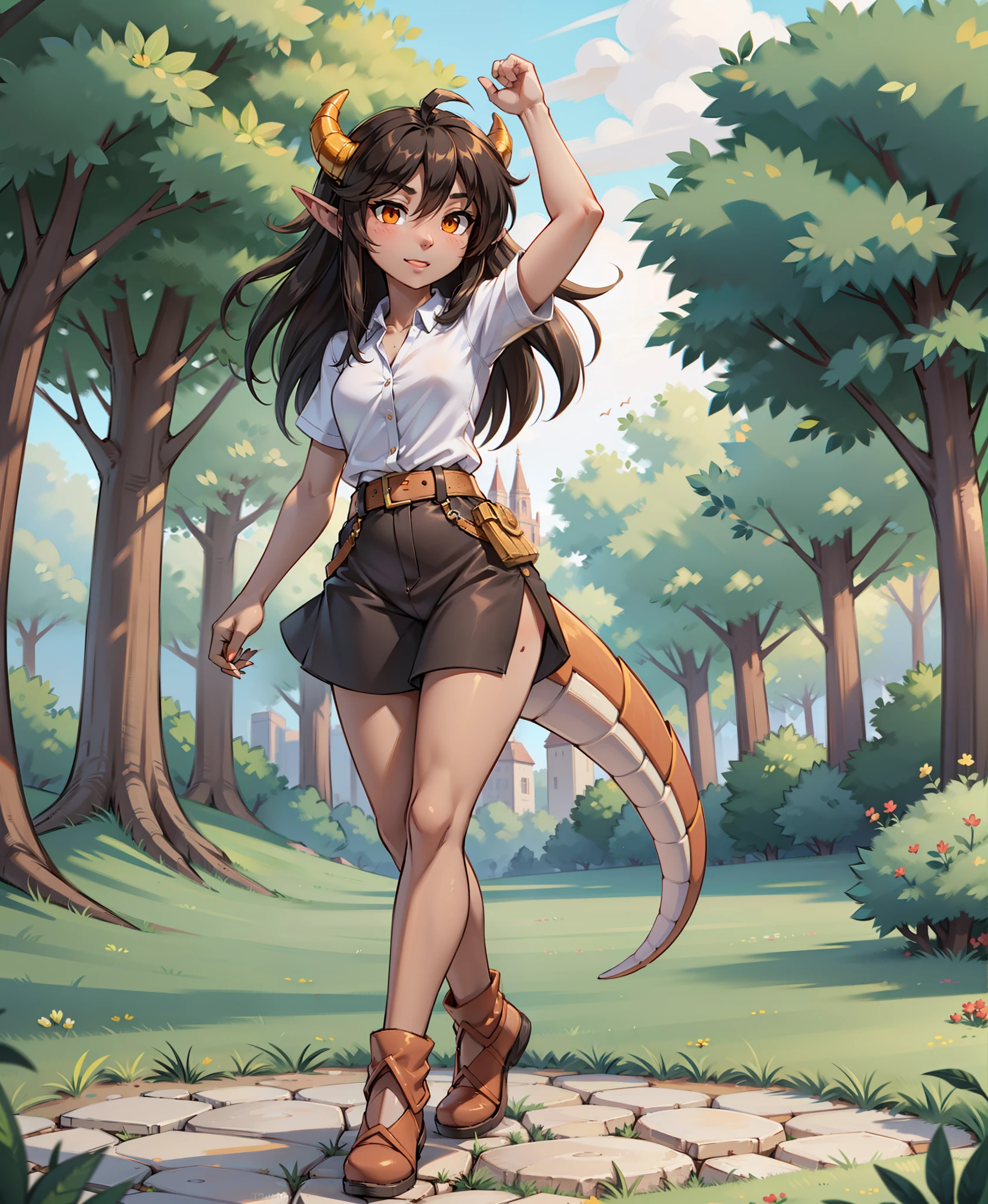 human-reni, twokinds, by tom_fischbach,, (best quality, masterpiece:1), full body ,solo, female human, orange eyes, medium hair, black hair, looking at viewer, horns, scalie, dragon humanoid, (outdoors dark forest trees blurry blurred background:1.1),