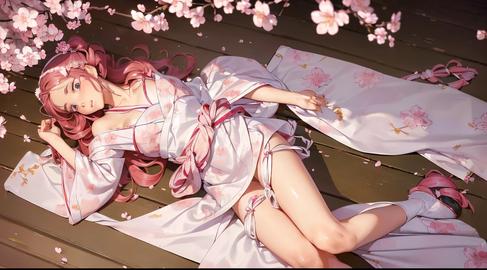 ((tmasterpiece, Best quality, Cinematic, realistically, ultra - detailed)), ((Medium shot , from the above)), ((hot girlody, perfect anatomia, )), ((The skin  rosy and shiny, )), ((Perfect hands)), (()), ((long round legs and shiny hair, Vibrant crimson hair, Loose wavy hairstyle), ((Wearing a silk kimono with various pink and white cherry blossom patterns, Fabric flows gracefully, The belt  tied with a delicate knot，iintricate)), (A delicate silver barrette with a cherry blossom pattern secures a small section of her hair), (( lacivious pose, lying face down)), ()