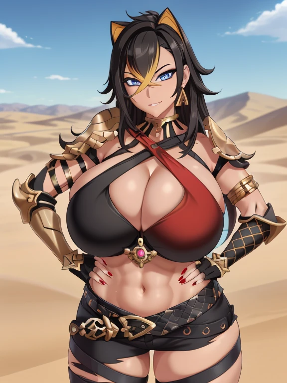 ((masutepiece)), (Best Quality:1.7), (Detailed:1.4), (hight resolution:1.4), 8K, (Colorful:1.5), 2D, High resolution, Sharp Images, Raw photo, Dehya_Genshin, 1girl in, (((Solo))), Black hair, Long hair, Blue eyes, big eye、A smile, middle body, Blonde bangs, Cat eariddle body)), Black pants, Shirt,Torn clothes, Cowboy Shot, (((Jewelry))), Black Gloves, (((armor))), thighs thighs thighs thighs, 鎖骨, Official Custom Rep, Armor Choker, A desert, cleavage, Parted lips, striated hair, Midriff, Hair intake, dark skinned female, halterneck, armlet, Black Gloves, ((criss-cross halter)), Torn clothes, Belt bag, Red Nails, nail polish, (((Armor Armlet))), fingerless glove, Two-tone breasted, ((thighs thighs thighs thighs)), angry, Serious, closes mouth, Narrow eyes, eye line, ((Looking at Viewer)), Red chest, ((Bare legs)), Sunset, Gloves with claws, hand on own hip, (((shoulder armer))), Armor Bracelet, Belt Armor, (earrings), Gold Chain, ornaments,tmasterpiece,Hands were hoisted,The kinky exposed ,(Surreal breasttremely full breasts)),((Super large)),Big breasts Thin waist,(((Extremely large breasts))),seductiv,High detail,hyper qualit,high resolution,8K,8k smooth,(reality: 1.2),(Highly realistic, Ultra-realistic, photograph realistic),(Realism: 1.2),Solo,(Perfect feminine curveig breasts:2),(Huge breasts:2),(gigantic cleavage breasts:2),(Large breasts:2),(Bare tits:1.4),(chiseled abs : 1.1),Nice strong legs,(Curvy:1.1),Narrow waist,(gigantic hip:1),(Thick thighs:1),(Thick legs:1)