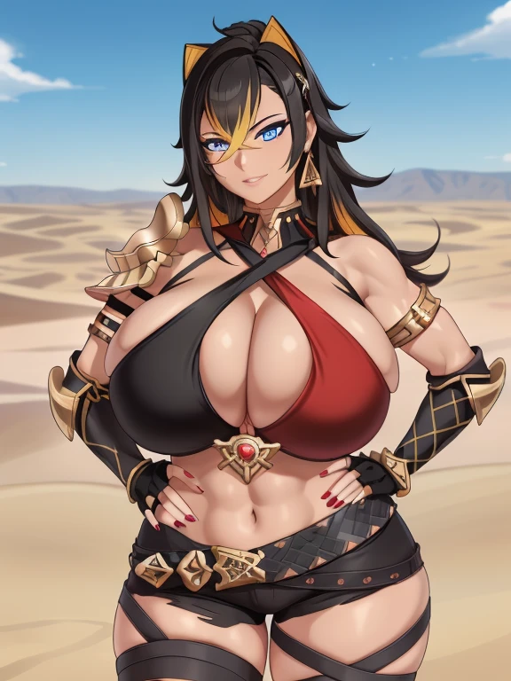 ((masutepiece)), (Best Quality:1.7), (Detailed:1.4), (hight resolution:1.4), 8K, (Colorful:1.5), 2D, High resolution, Sharp Images, Raw photo, Dehya_Genshin, 1girl in, (((Solo))), Black hair, Long hair, Blue eyes, big eye、A smile, middle body, Blonde bangs, Cat eariddle body)), Black pants, Shirt,Torn clothes, Cowboy Shot, (((Jewelry))), Black Gloves, (((armor))), thighs thighs thighs thighs, 鎖骨, Official Custom Rep, Armor Choker, A desert, cleavage, Parted lips, striated hair, Midriff, Hair intake, dark skinned female, halterneck, armlet, Black Gloves, ((criss-cross halter)), Torn clothes, Belt bag, Red Nails, nail polish, (((Armor Armlet))), fingerless glove, Two-tone breasted, ((thighs thighs thighs thighs)), angry, Serious, closes mouth, Narrow eyes, eye line, ((Looking at Viewer)), Red chest, ((Bare legs)), Sunset, Gloves with claws, hand on own hip, (((shoulder armer))), Armor Bracelet, Belt Armor, (earrings), Gold Chain, ornaments,tmasterpiece,Hands were hoisted，The kinky  exposed  ，（Surreal breasttremely full breasts）），（（Super large）），Big breasts Thin waist，（（（Extremely large breasts））），seductiv，High detail，hyper qualit，high resolution，8K，8k smooth，(reality: 1.2)，(Highly realistic, Ultra-realistic, photograph realistic)，(Realism: 1.2)，Solo，(Perfect feminine curveig breasts:2)，(Huge breasts:2)，(gigantic cleavage breasts:2)，(Large breasts:2)，(Bare tits:1.4)，(chiseled abs : 1.1)，Nice strong legs，(Curvy:1.1)，Narrow waist，(gigantic hip:1)，(Thick thighs:1)，(Thick legs:1)